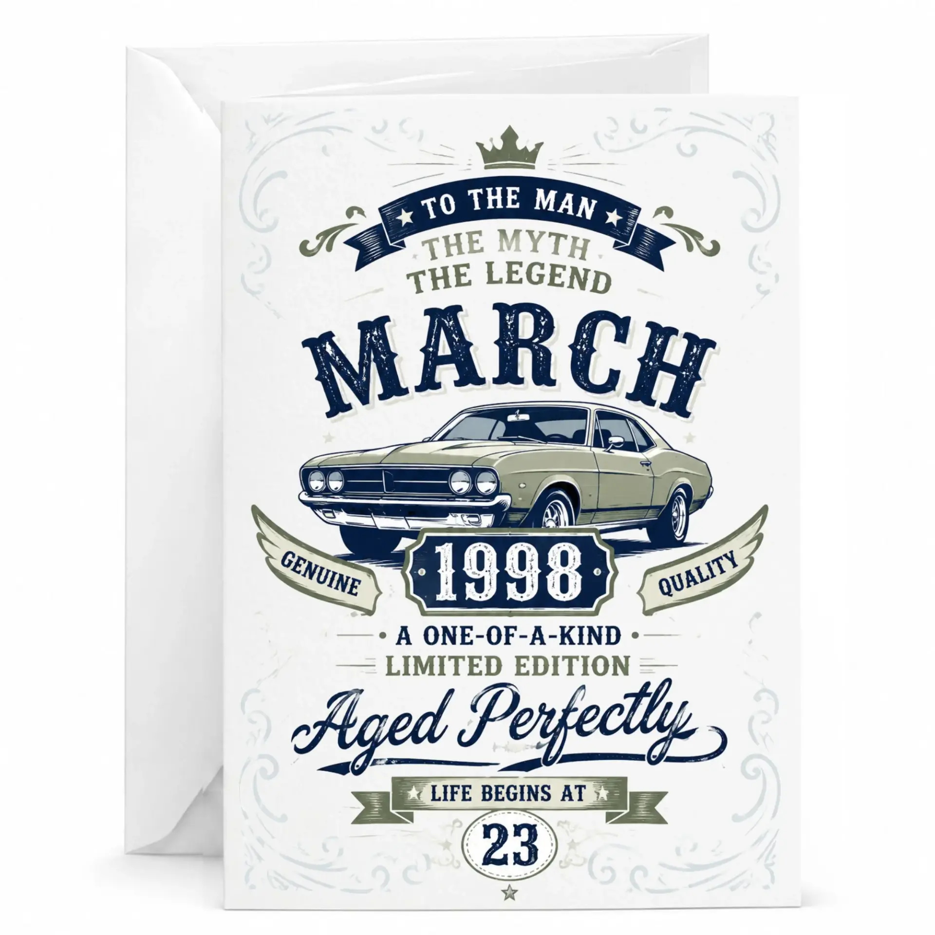 Birthday Card for Him Vintage Muscle Car Theme March 1998 Aged Perfectly Greeting Card with Matching White Envelope