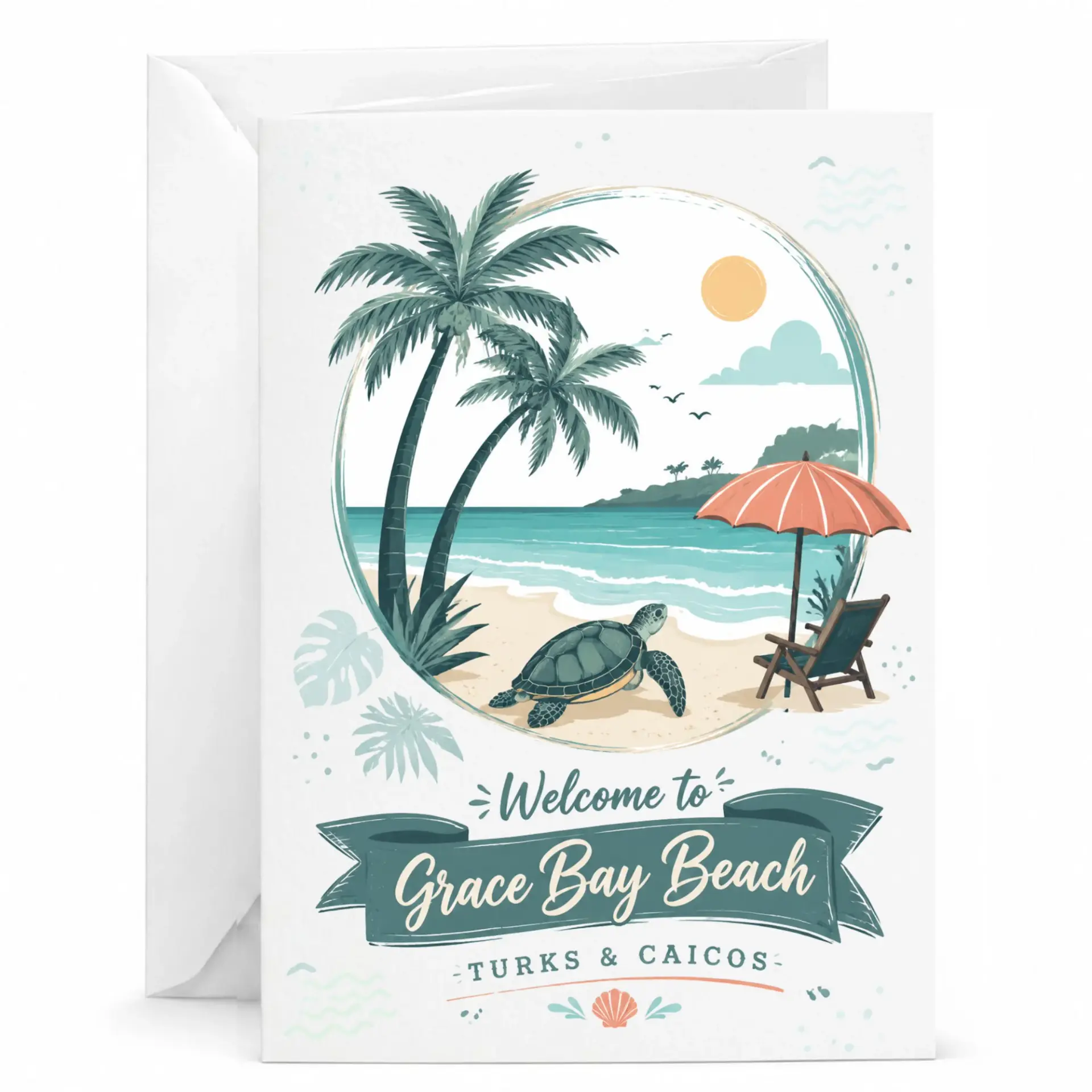 Greeting Card Tropical Beach Scene Featuring Sea Turtle Illustration for Vacation Memories and Souvenir Keepsakes