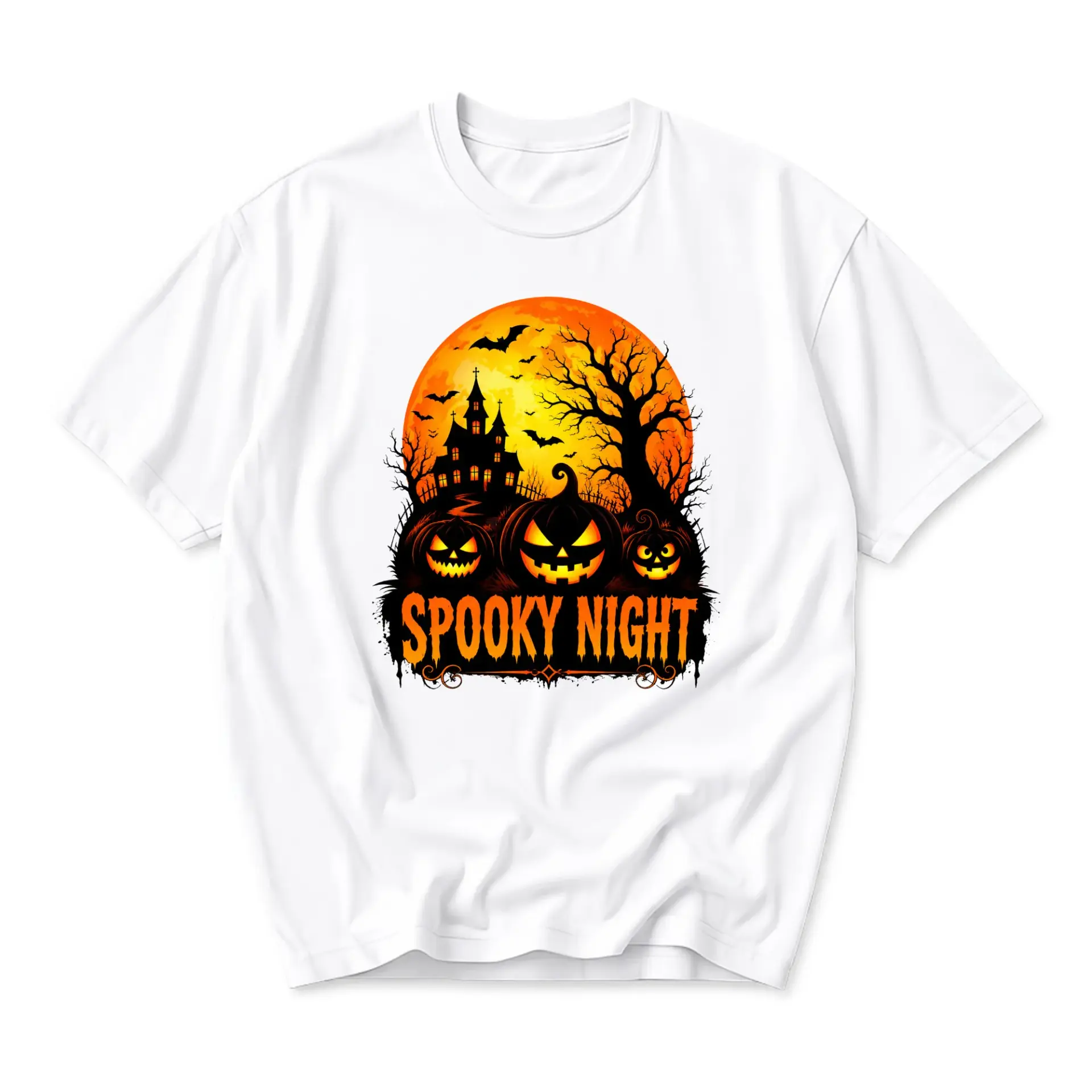 Graphic Tee Spooky Night Halloween Scene Unisex Crew Neck Short Sleeve Shirt for Casual Holiday Wear and Festive Style