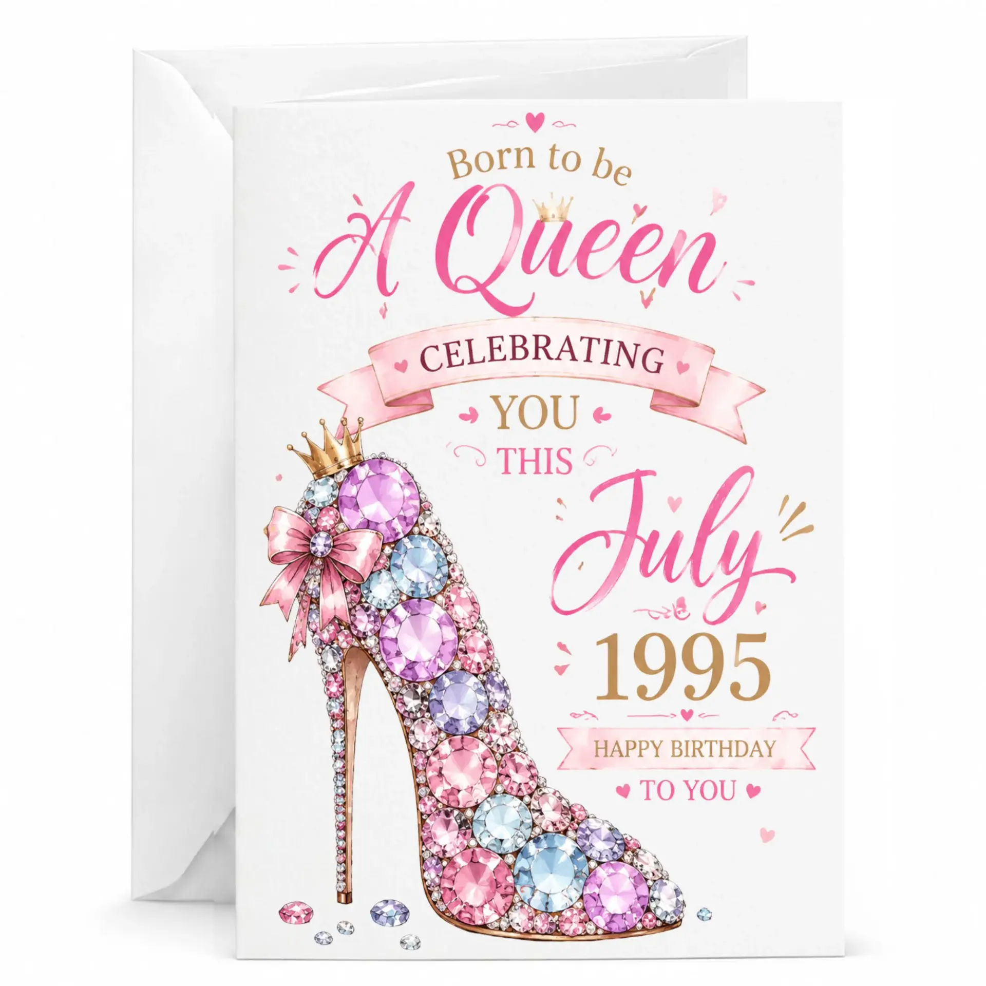 Greeting Card Born to Be a Queen Celebrating You This July 1995 Happy Birthday Stiletto Shoe Design Stationery