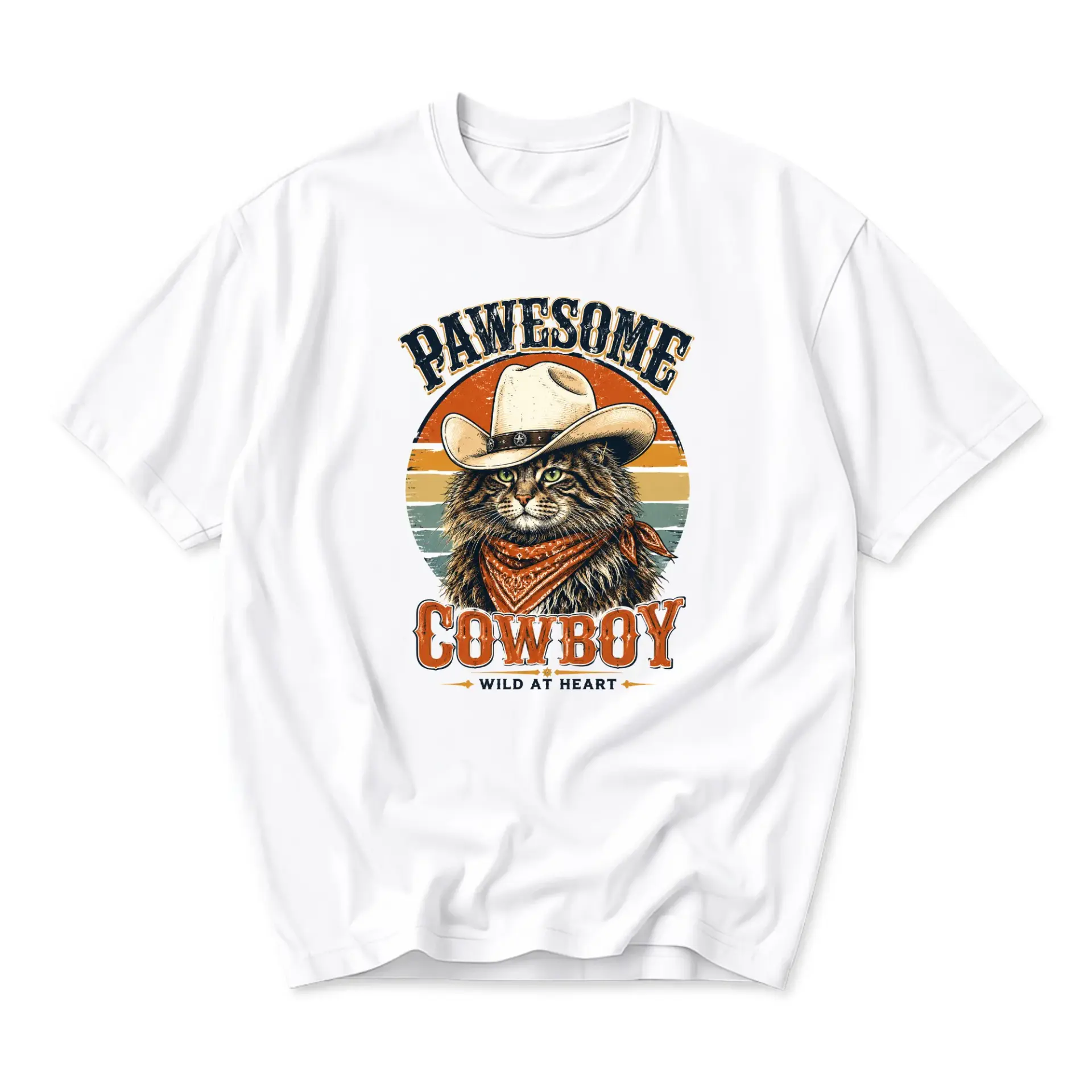 Funny Shirt Pawesome Cowboy Graphic Tee Retro Cat Wearing Western Hat and Bandana Unisex Crew Neck Cotton Blend Apparel