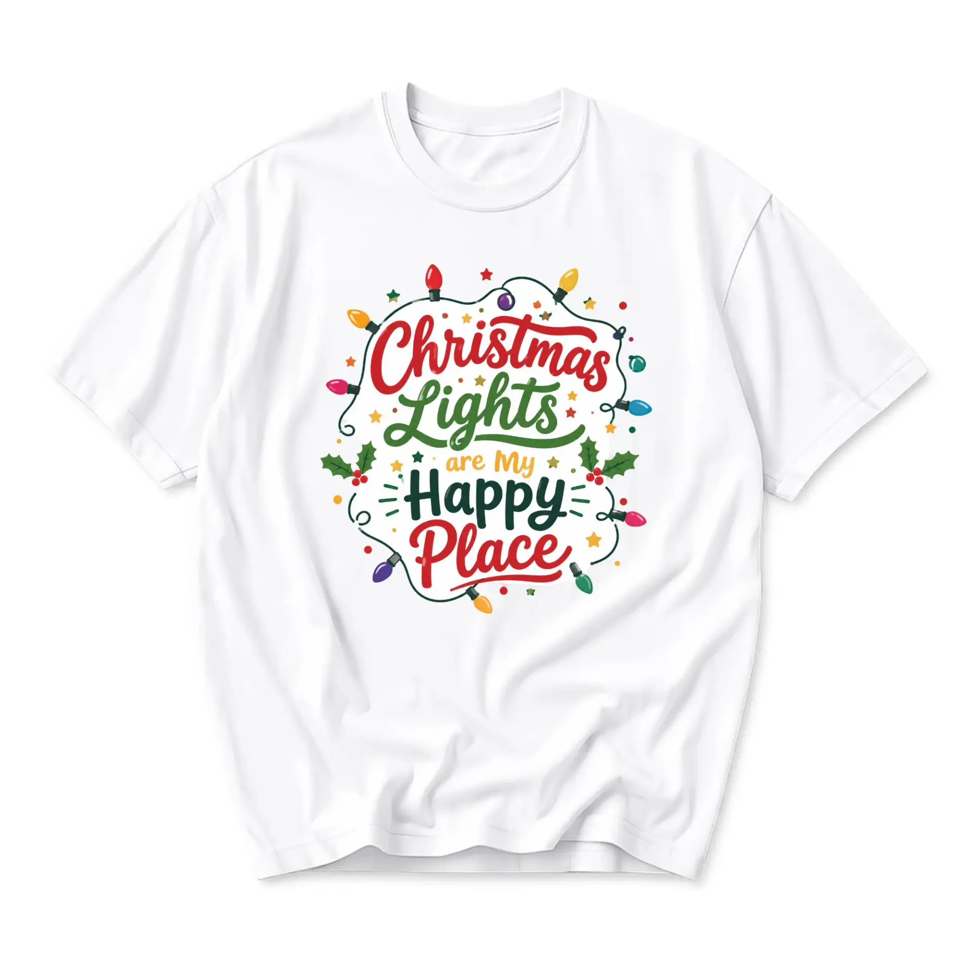 Graphic Tee Christmas Lights Are My Happy Place Shirt Seasonal Holiday Apparel for Festive Casual Everyday Wear