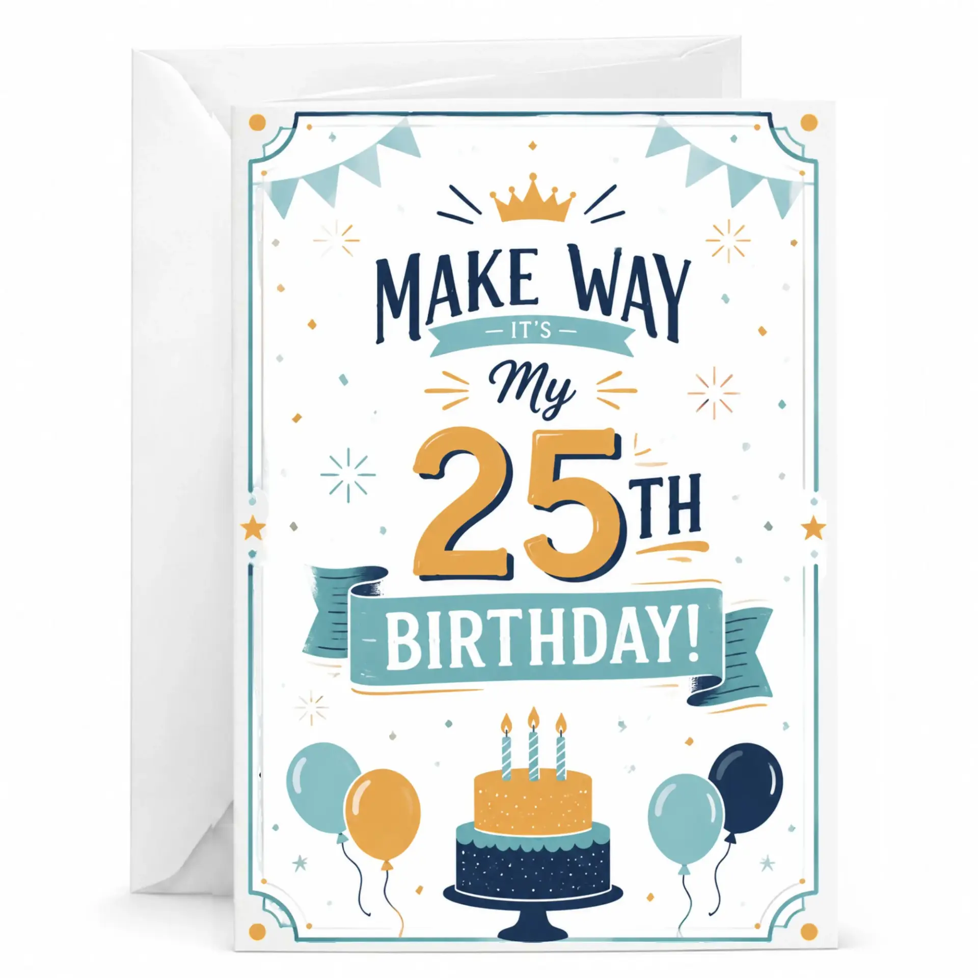 Birthday Card for 25th Birthday Milestone Greeting Card with Crown Illustration and Party Balloons Design