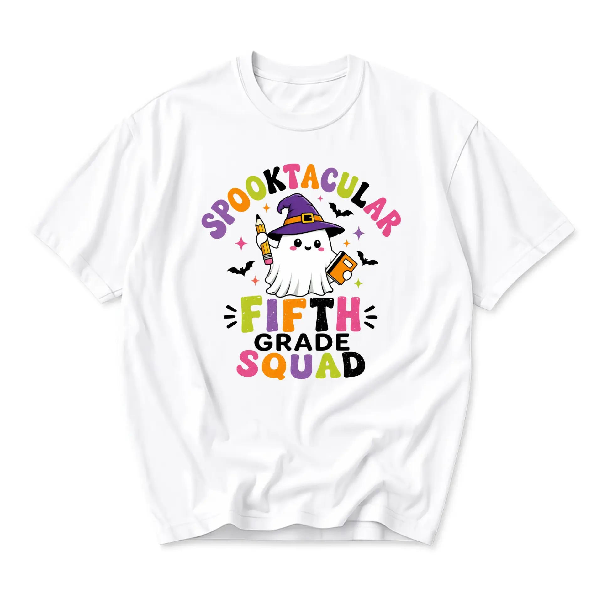 Graphic Tee Spooktacular Fifth Grade Squad Halloween Ghost T-Shirt Unisex Casual Everyday Crew Neck Short Sleeve Shirt