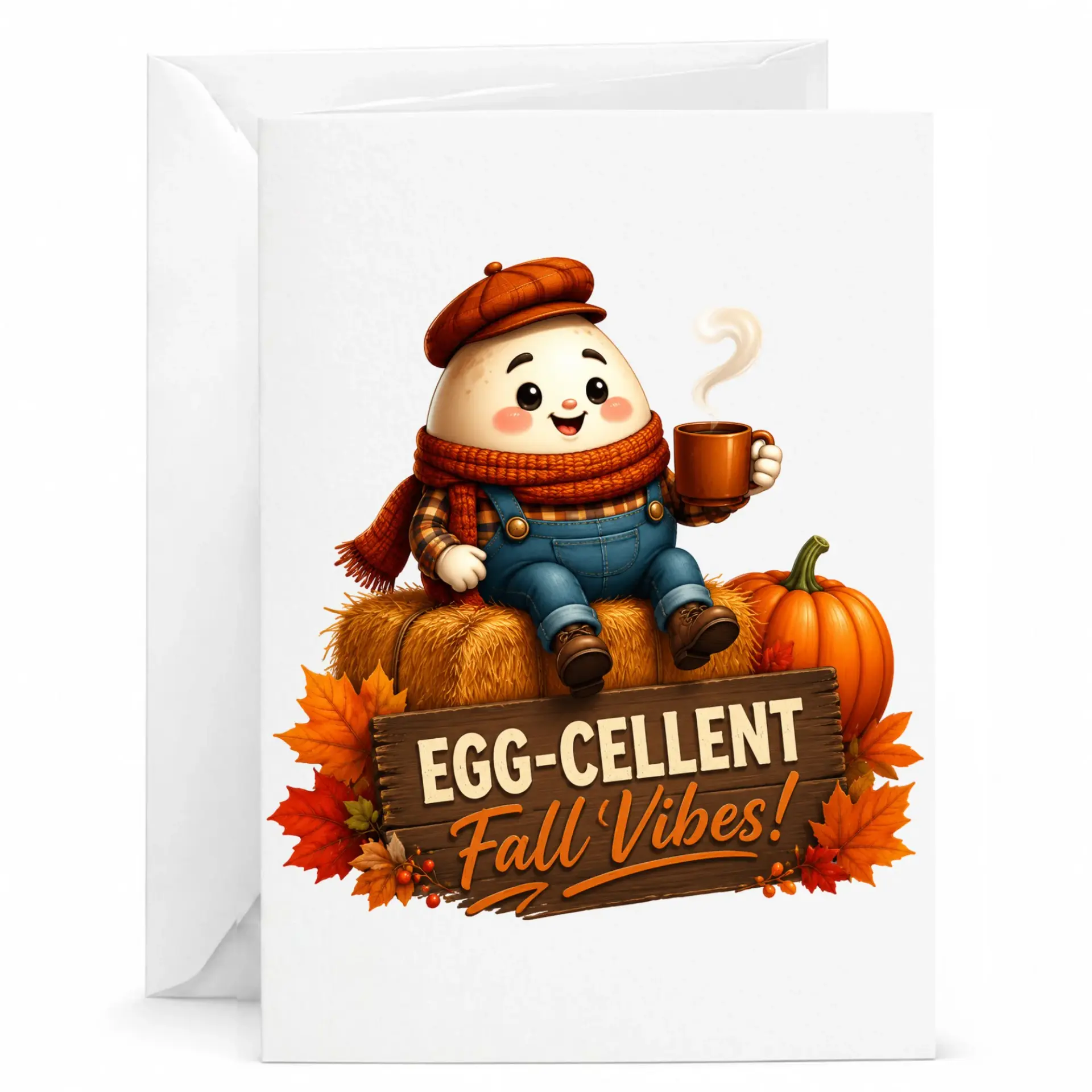Funny Egg-Cellent Fall Vibes Greeting Card Autumn Character Illustration with Envelope for Seasonal Wishes