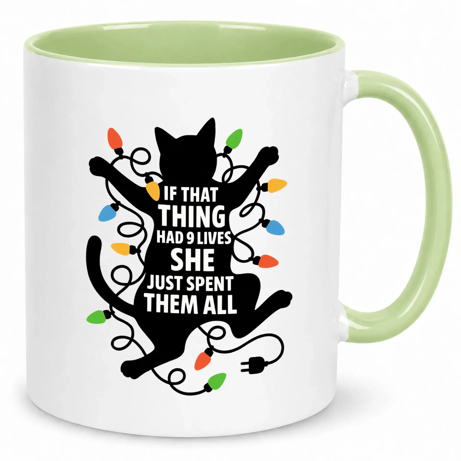 Funny Cat Christmas Lights Coffee Mug, Humorous Nine Lives Feline Holiday Ceramic Tea Cup for Animal Lovers, Unique Beverage Drinkware Gift