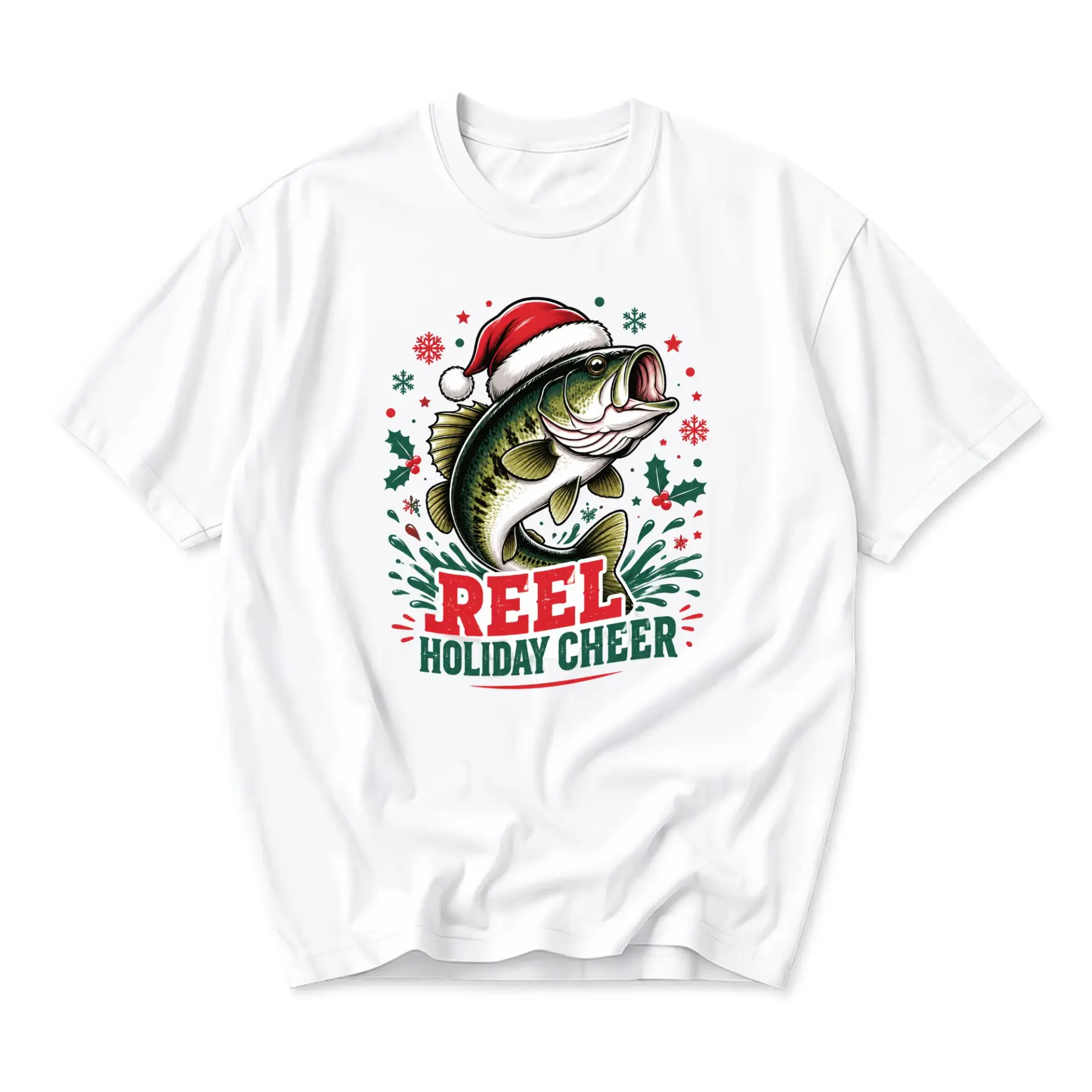 Graphic Tee Reel Holiday Cheer Fishing Shirt Funny Christmas Seasonal Unisex Crew Neck Apparel White