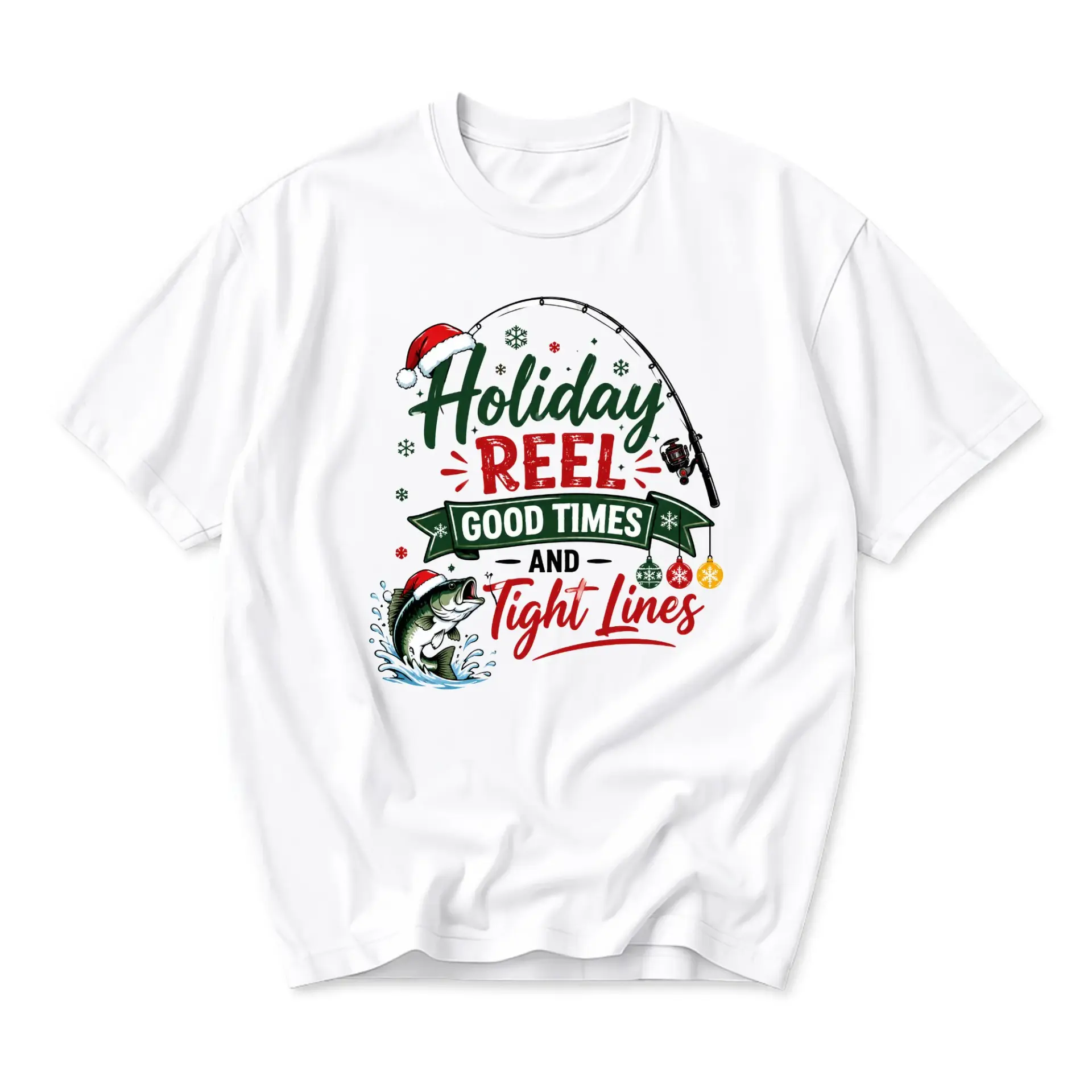Funny Shirt Holiday Reel Good Times and Fishing Graphic Tee Christmas Theme