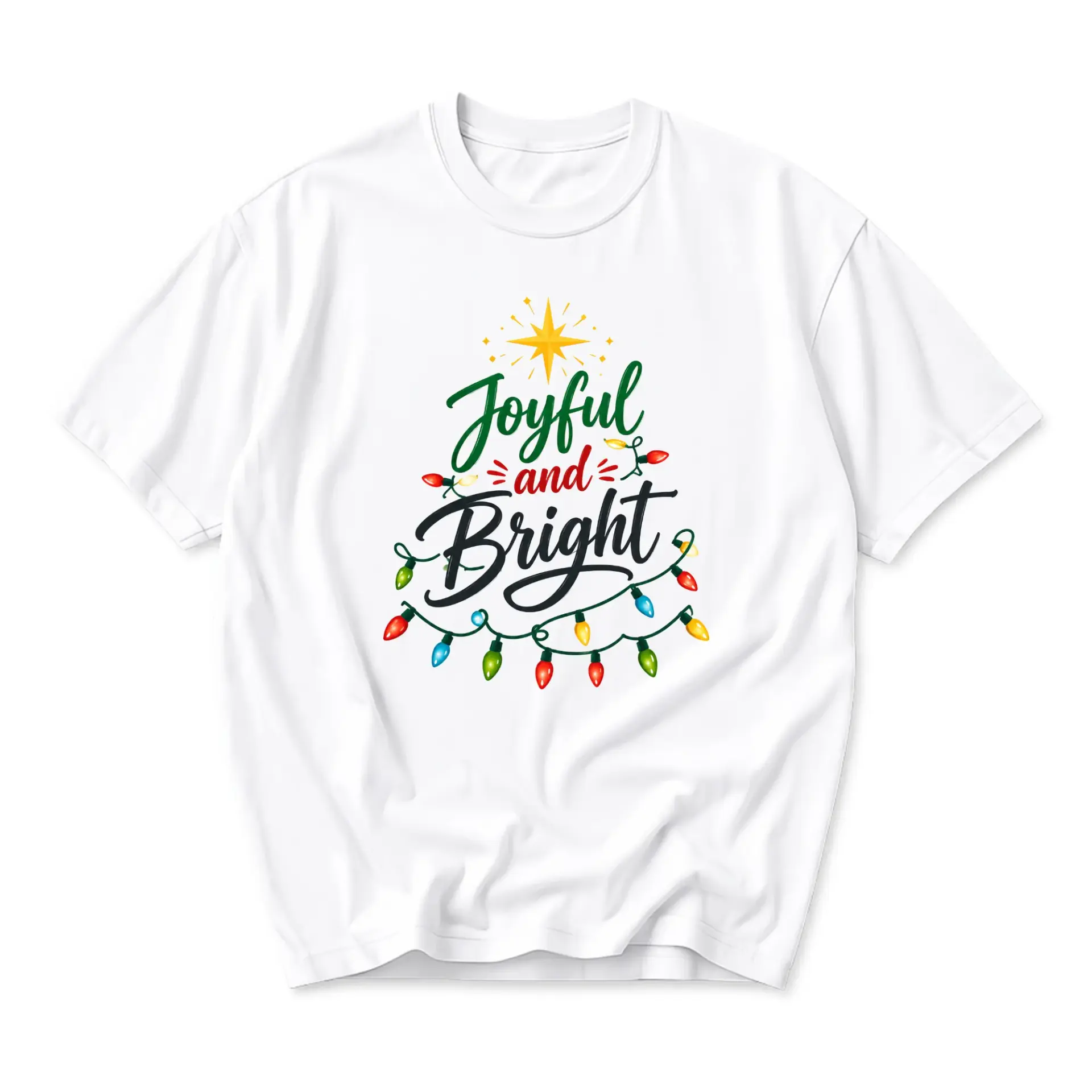 Graphic Tee Joyful and Bright Holiday Christmas Tree Light Bulb Festive Unisex Crew Neck Casual Everyday Short Sleeve