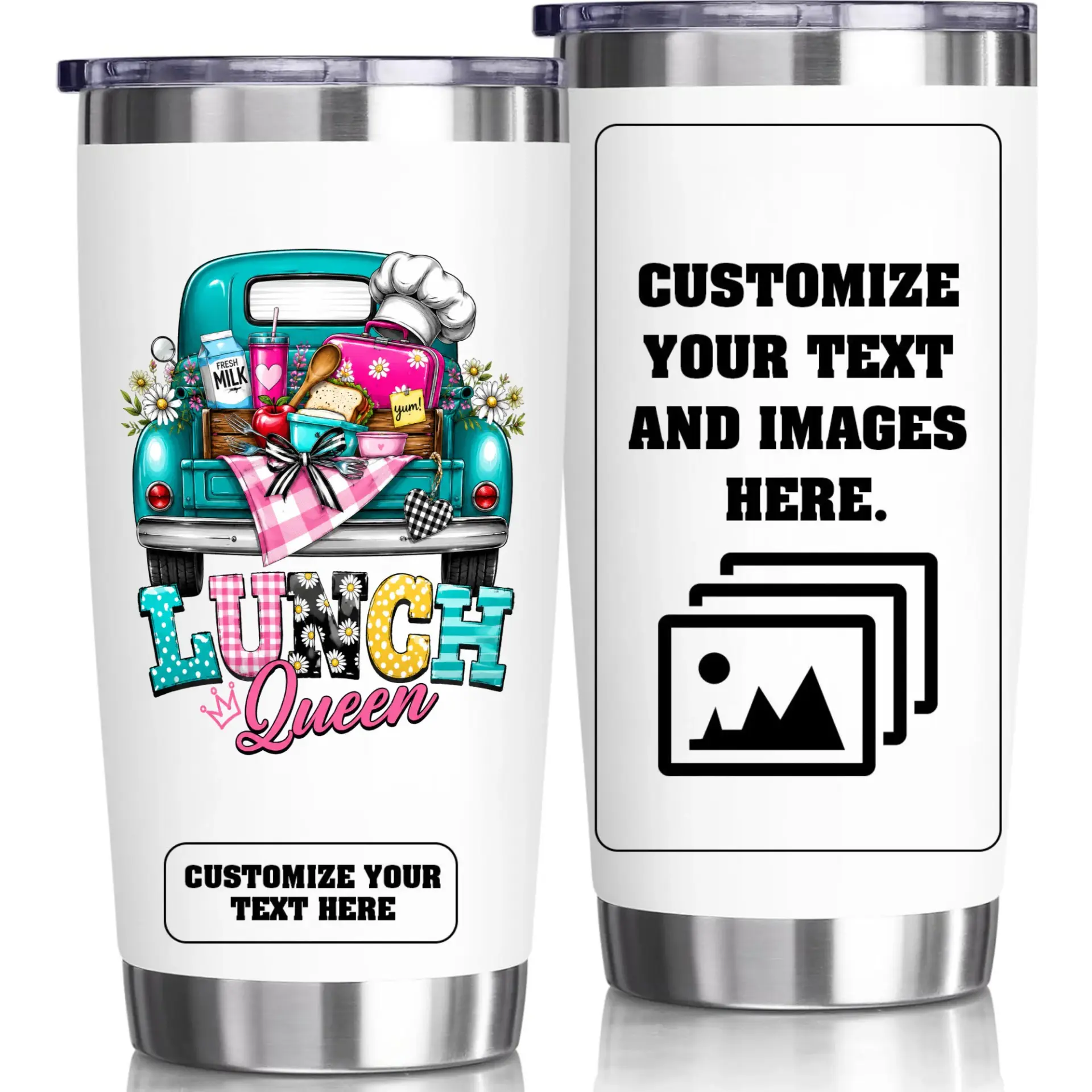 Stainless Steel Tumbler 20oz Lunch Queen Personalized Insulated Travel Mug with Custom Text and Image Options