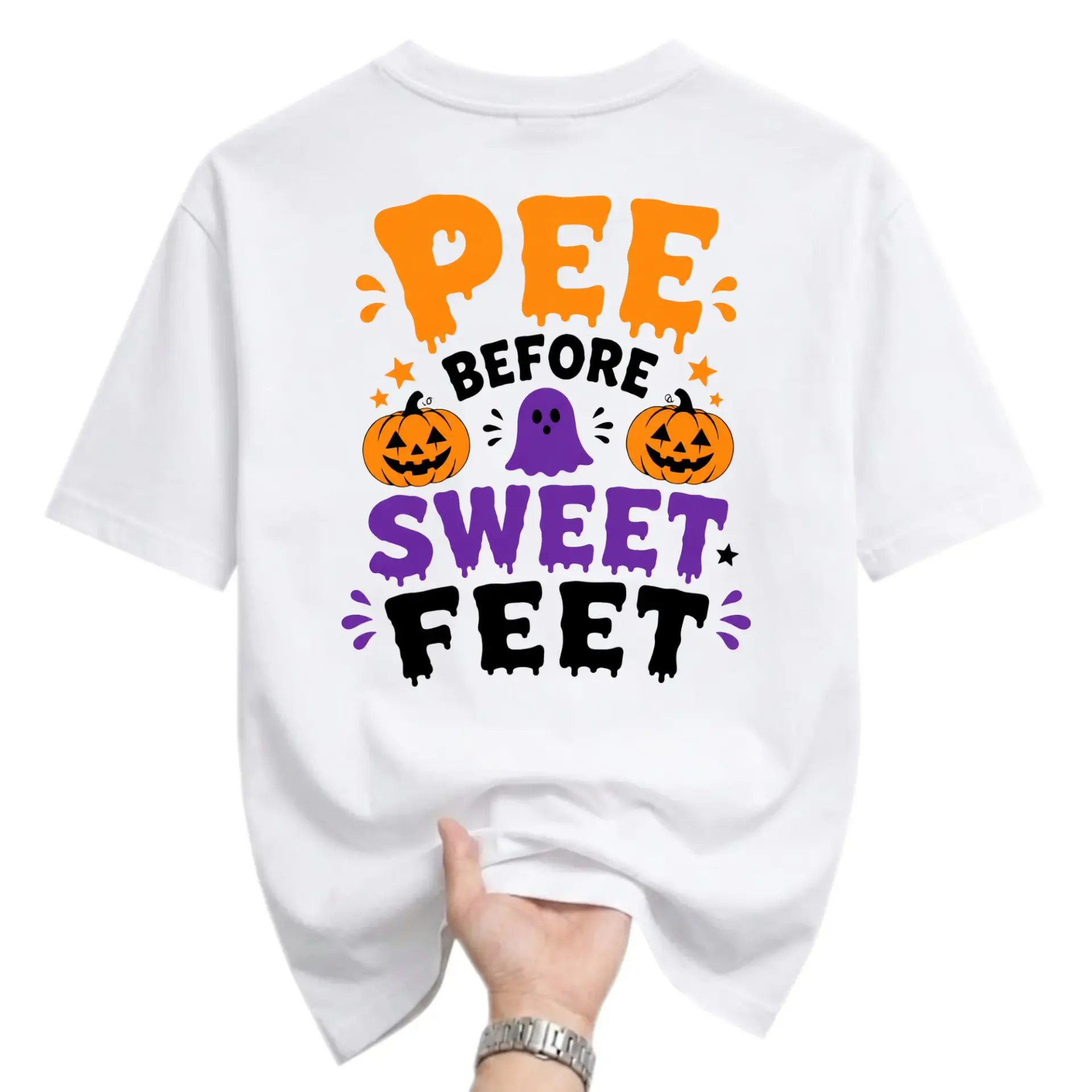 Funny Shirt Pee Before Sweet Feet Halloween Graphic Tee Unisex Crew Neck Casual Cotton Blend Apparel for Adults