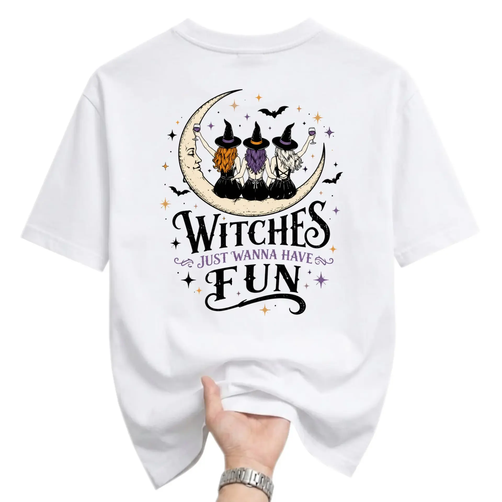Graphic Tee Witches Just Wanna Have Fun Celestial Moon Print Unisex Casual Crew Neck Comfortable Cotton Shirt