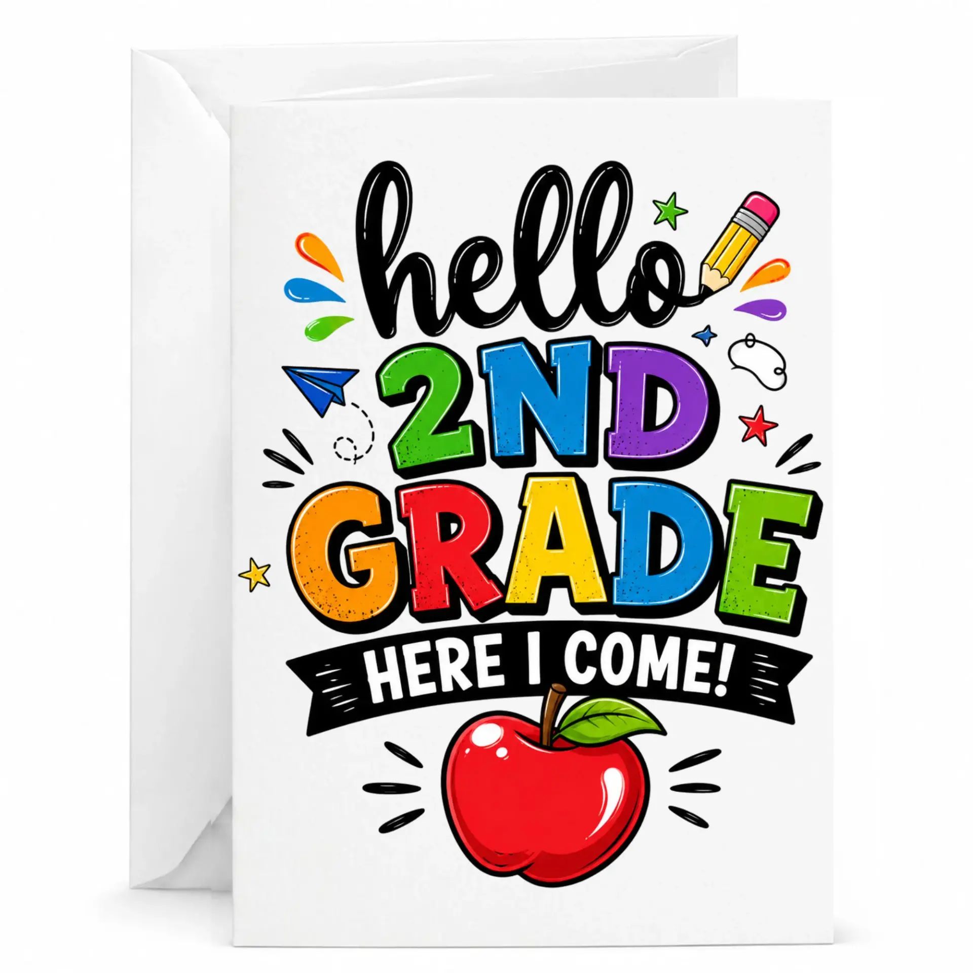Greeting Card Hello 2nd Here I Come Colorful School Themed Stationery for Special Academic