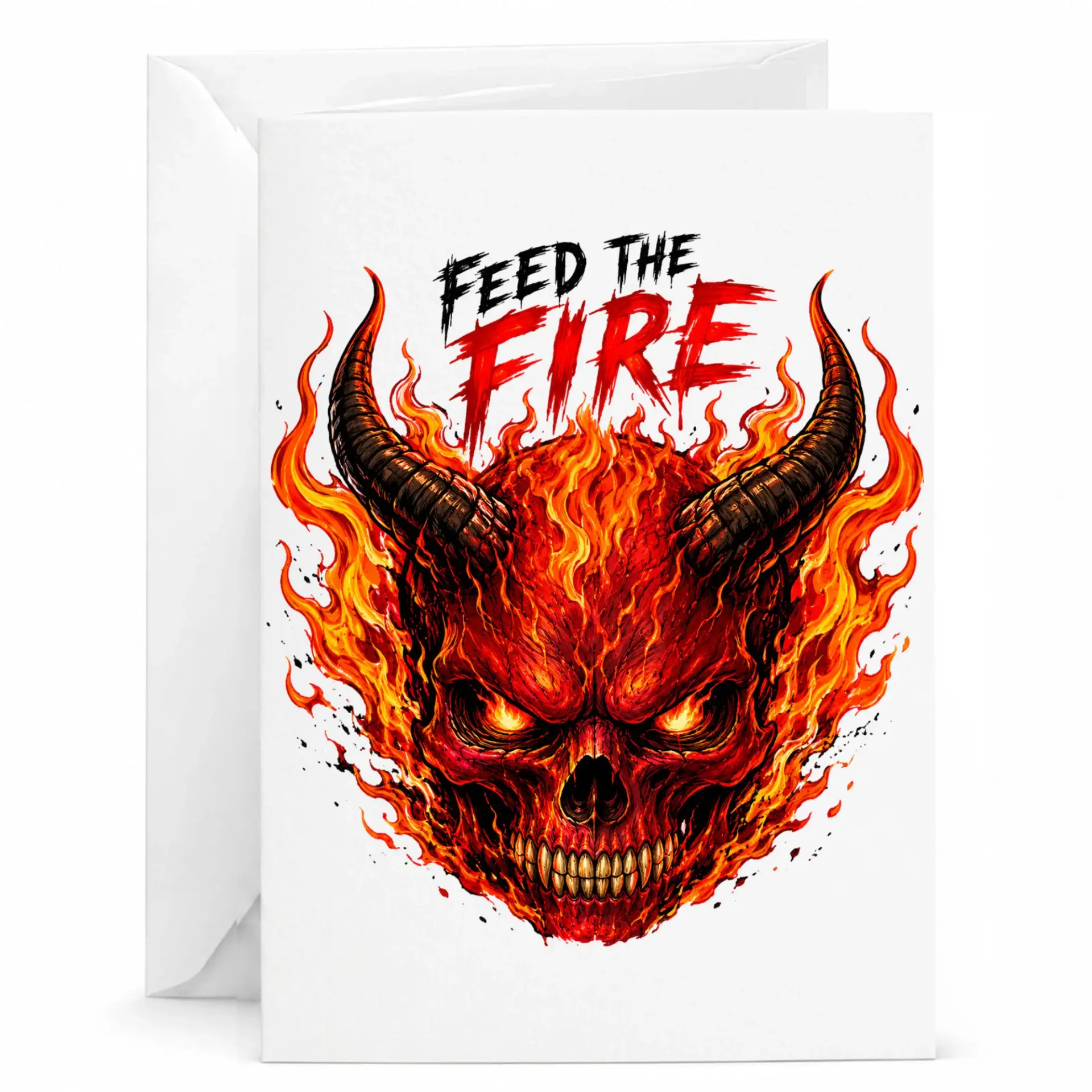 Funny Greeting Card the Fire Skull Illustration Artistic Flaming Devil Horns Design Folded Note for Men