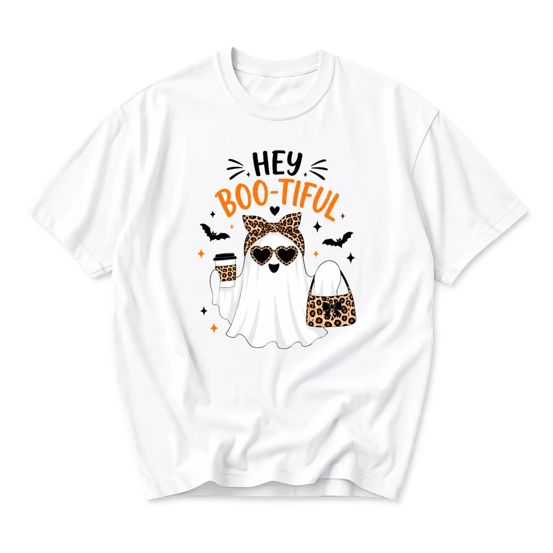 Graphic Tee Hey Boo-Tiful Ghost Shirt Spooky Seasonal Apparel Unisex Crew Neck Short Sleeve Casual Cotton Blend Top