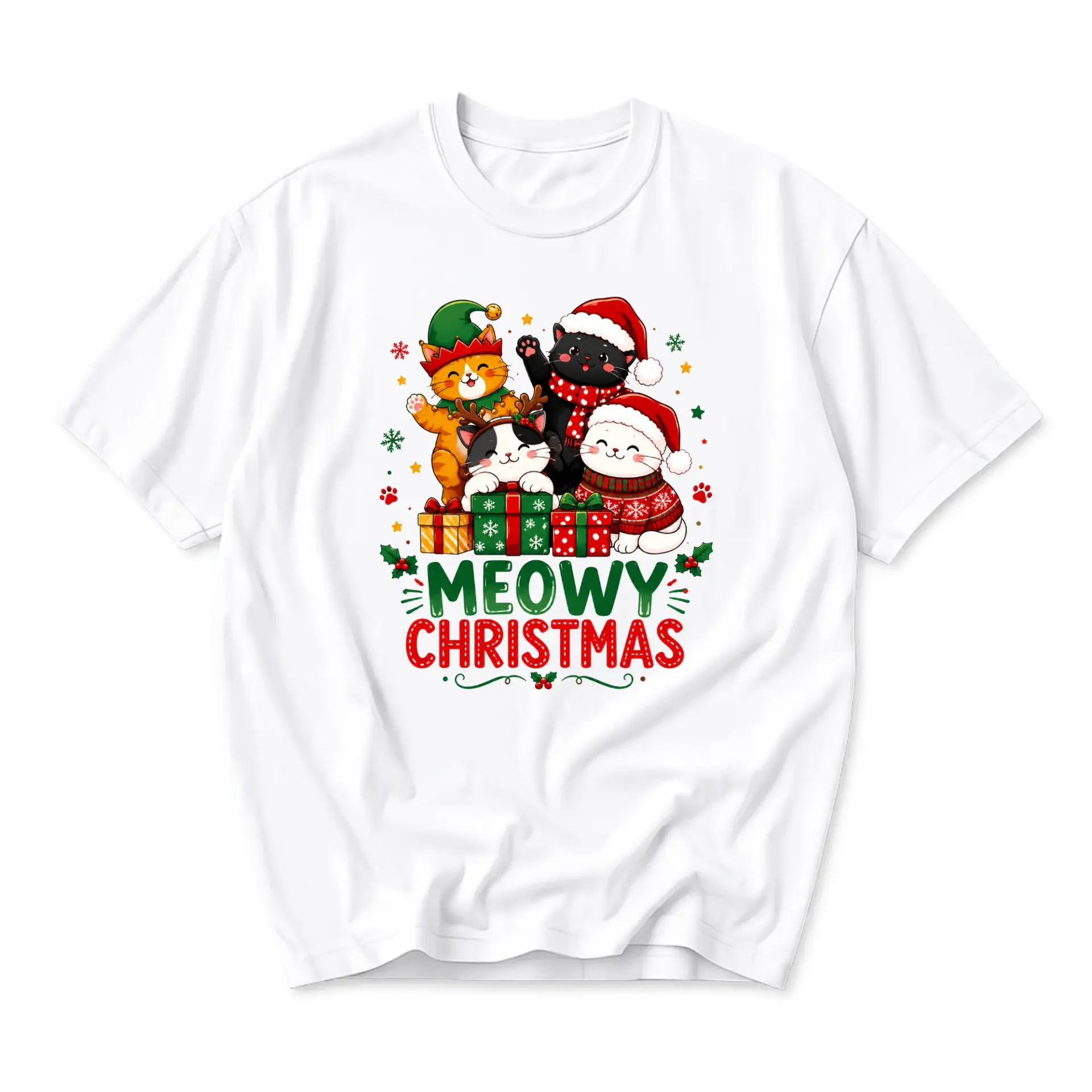 Graphic Tee Meowy Christmas Cute Wearing Santa Hats Print Unisex Crew Neck Casual Everyday Holiday Shirt White