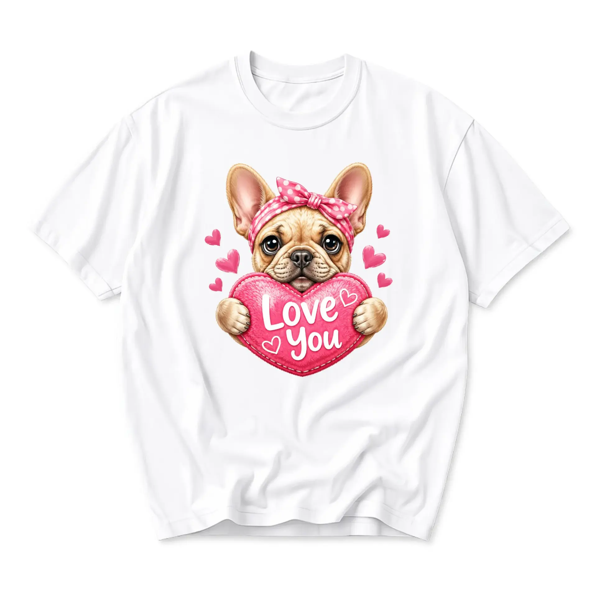 Graphic Tee Unisex Crew Neck T-Shirt Cute French Bulldog Holding Pink Heart Love You Design Casual Everyday Apparel