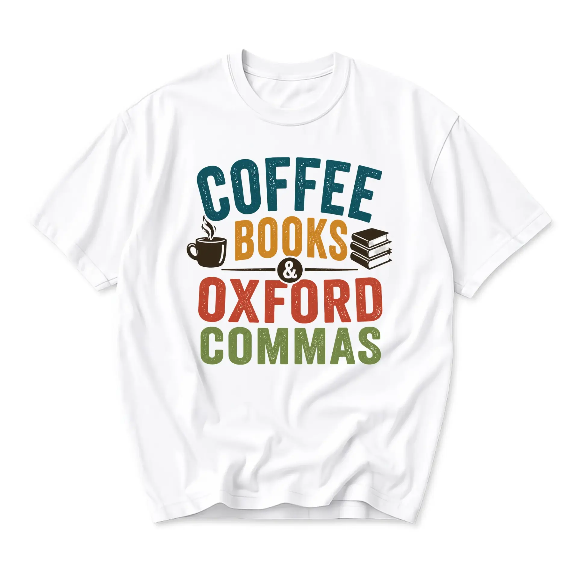 Graphic Tee Coffee Books and Oxford Commas Casual Crew Neck T-Shirt for Readers and Writers Enthusiast Apparel