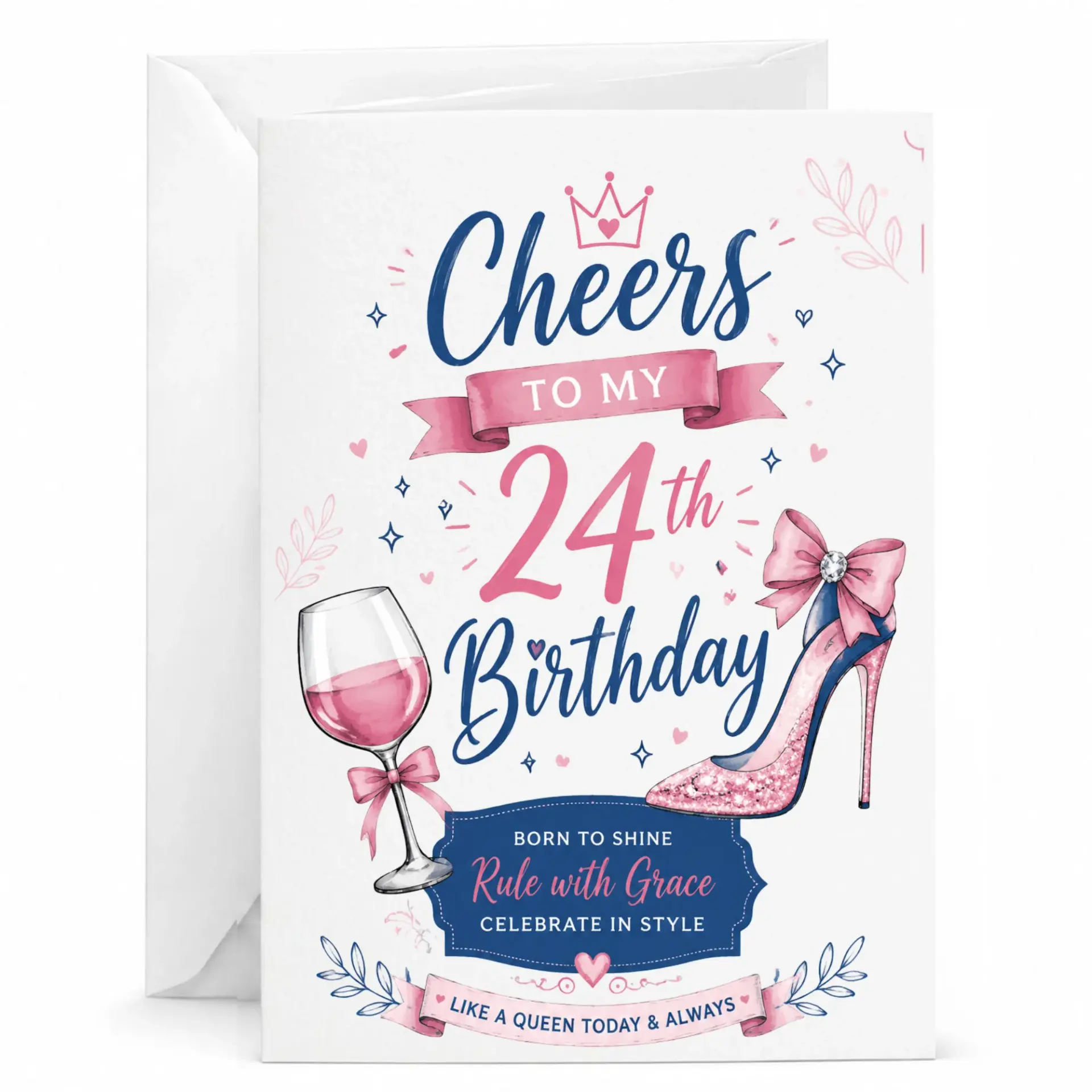 Birthday Card for 24th Birthday Celebration Pink High Heel and Wine Glass Design Elegant Greeting Card for Her
