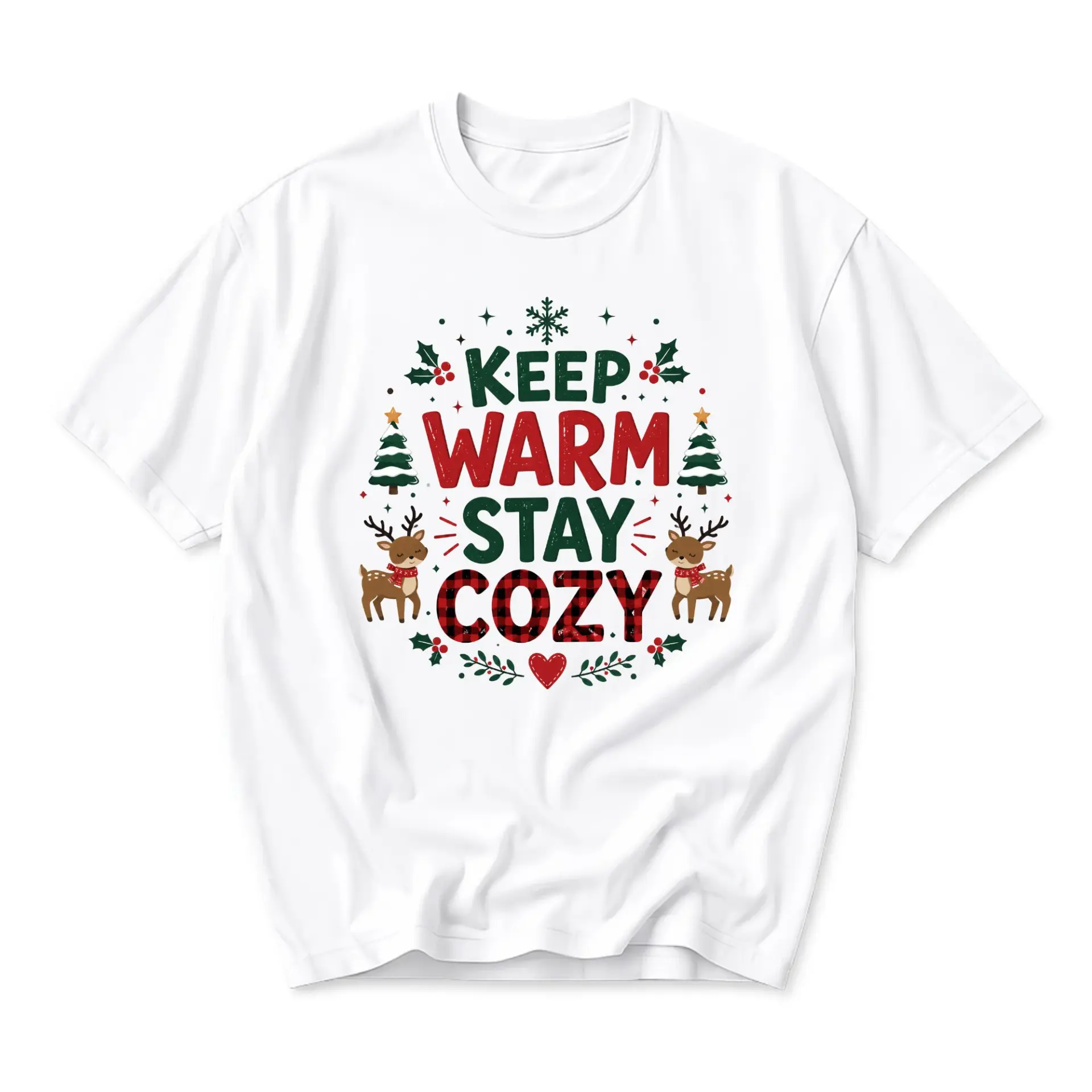 Graphic Tee Keep Warm Stay Cozy Holiday Reindeer Print Unisex Casual Crew Neck T-Shirt for Winter Seasonal Fashion