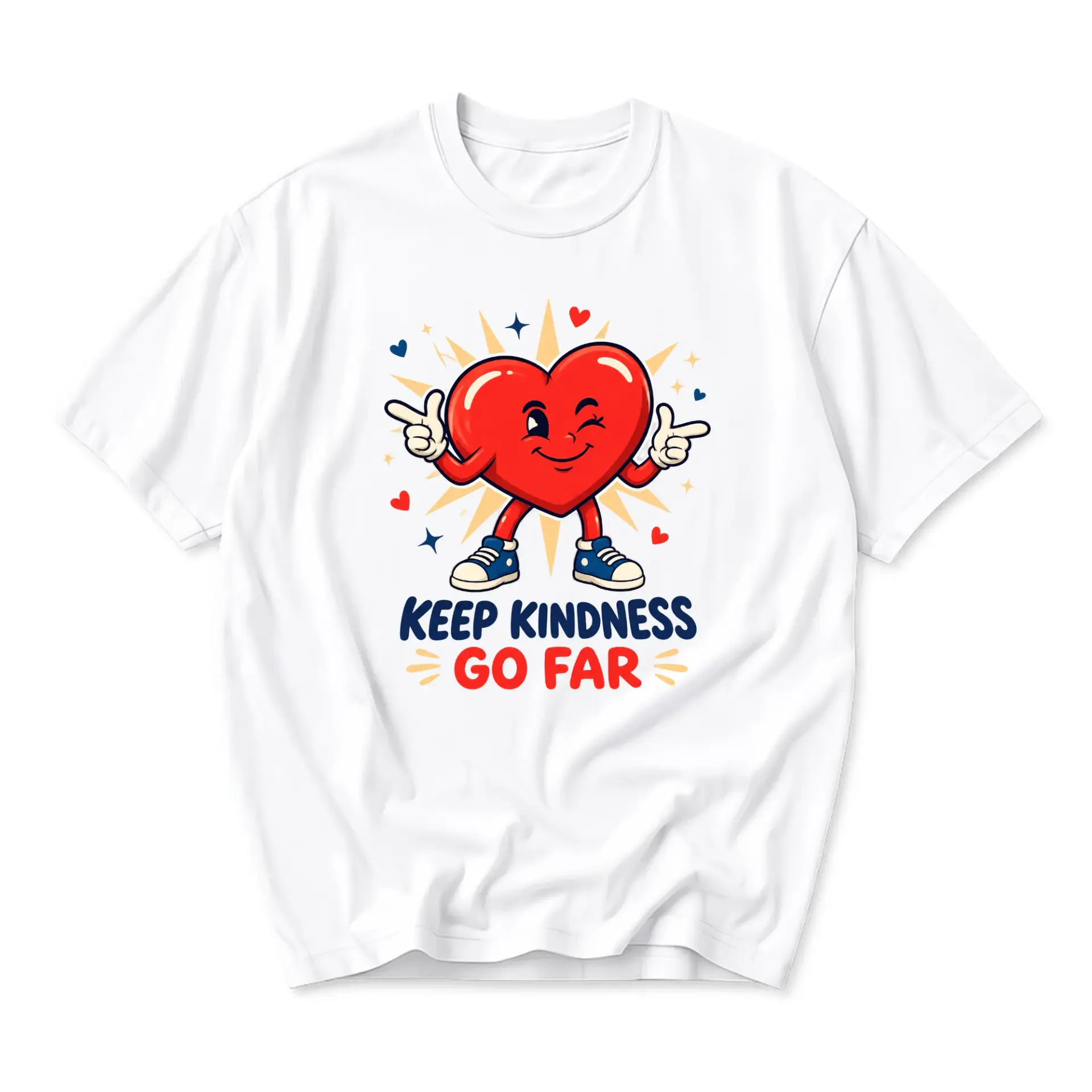 Graphic Tee Keep Kindness Go Far Inspirational Heart Cartoon Design Unisex Casual Crew Neck Comfortable Cotton Shirt