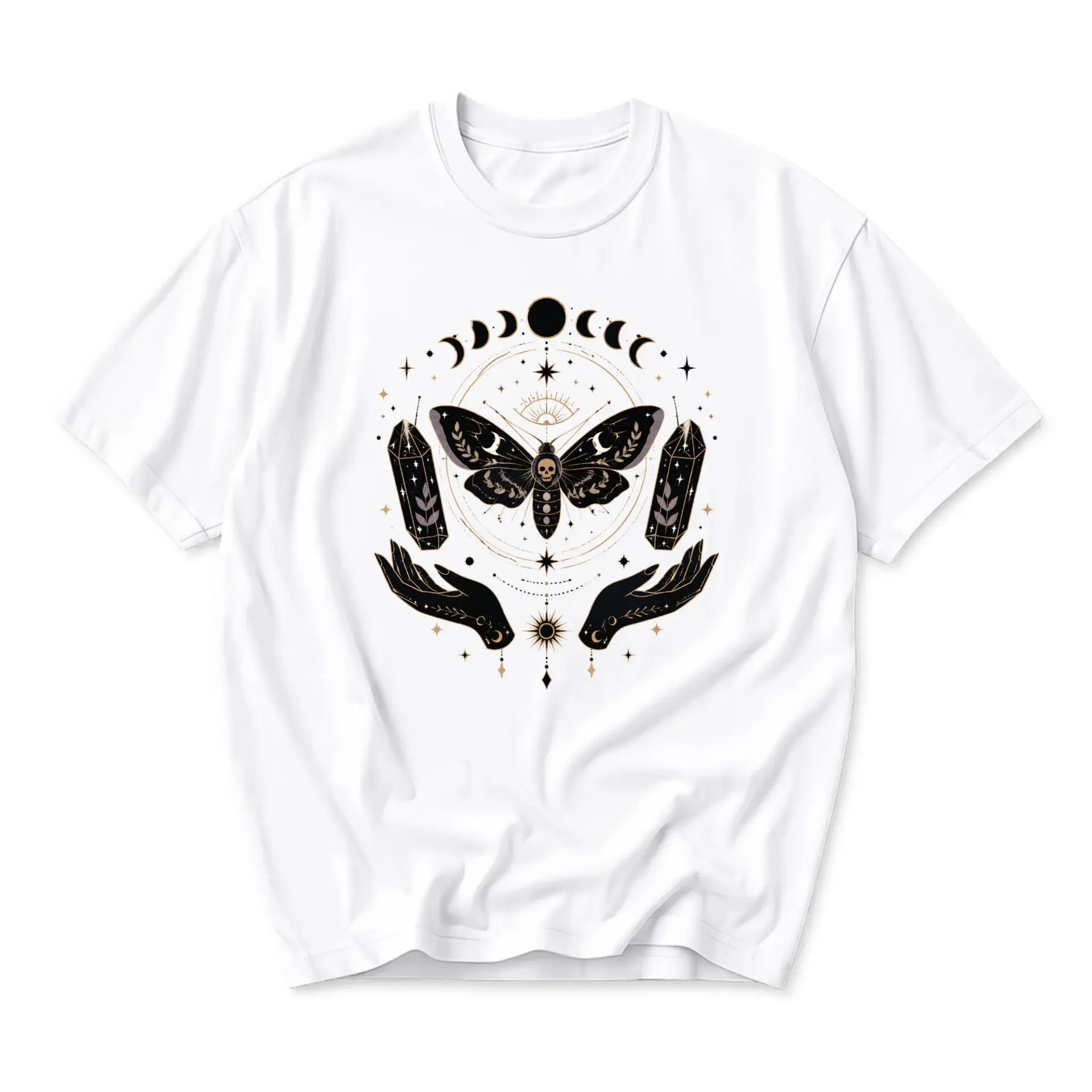 Graphic Tee Celestial Moth Skull Art Print Unisex Cotton Crew Neck Short Sleeve Shirt for Casual Everyday Apparel