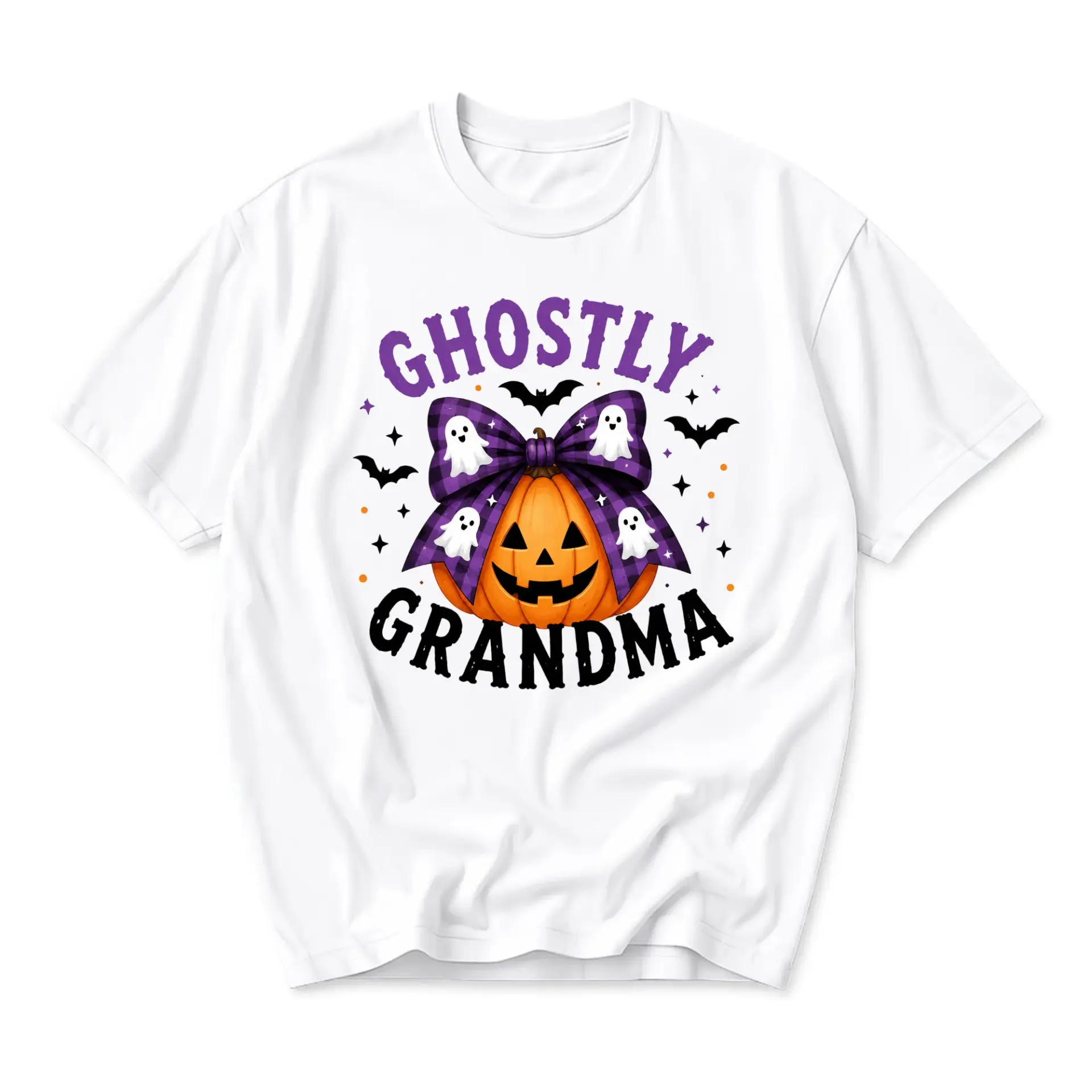 Graphic Tee Ghostly Grandma Halloween Pumpkin T-Shirt Seasonal Holiday Unisex Crew Neck Casual Shirt for Fall