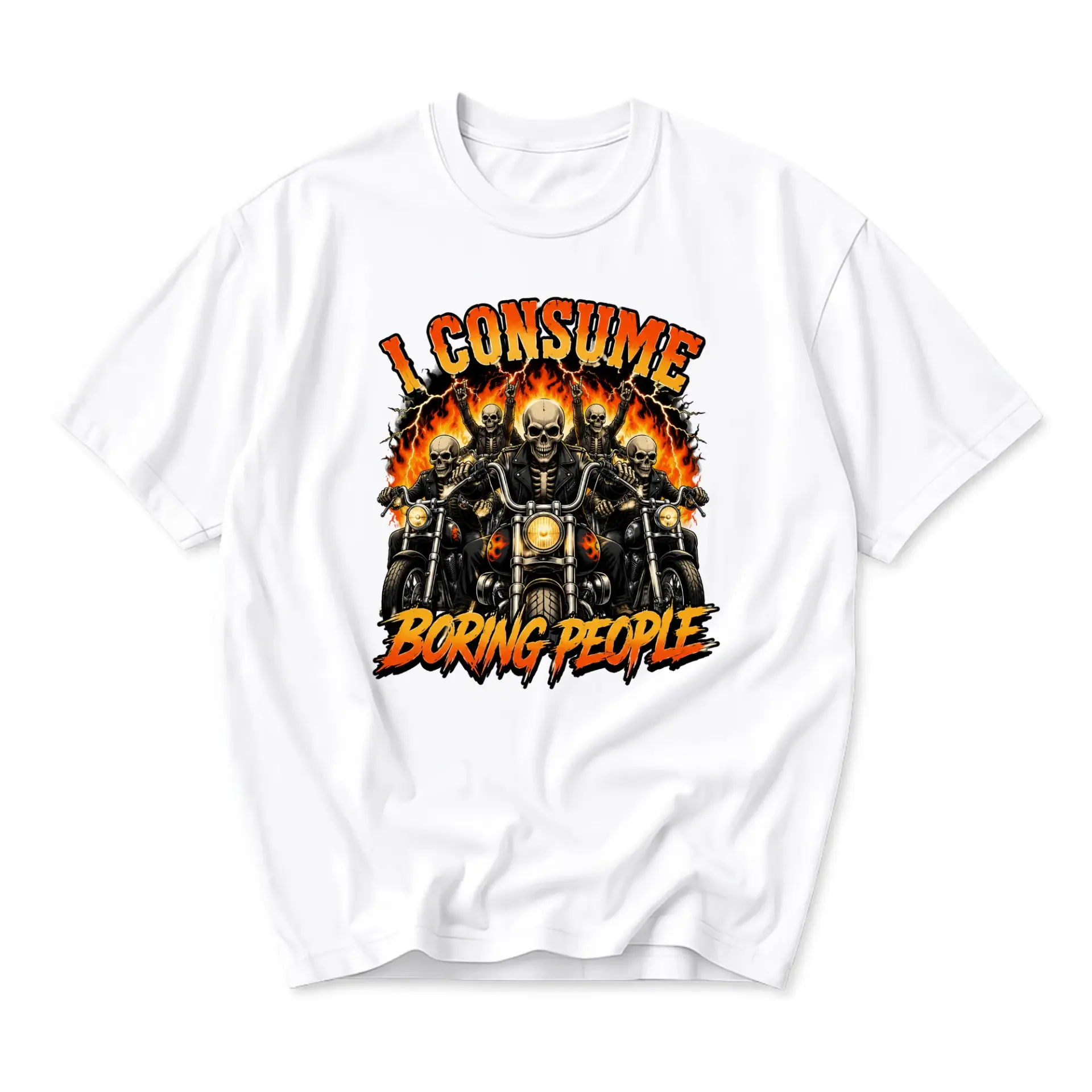 Funny Shirt I Consume Boring People Graphic Tee Unisex Motorcycle Skeleton Design Casual Cotton Crew Neck Top