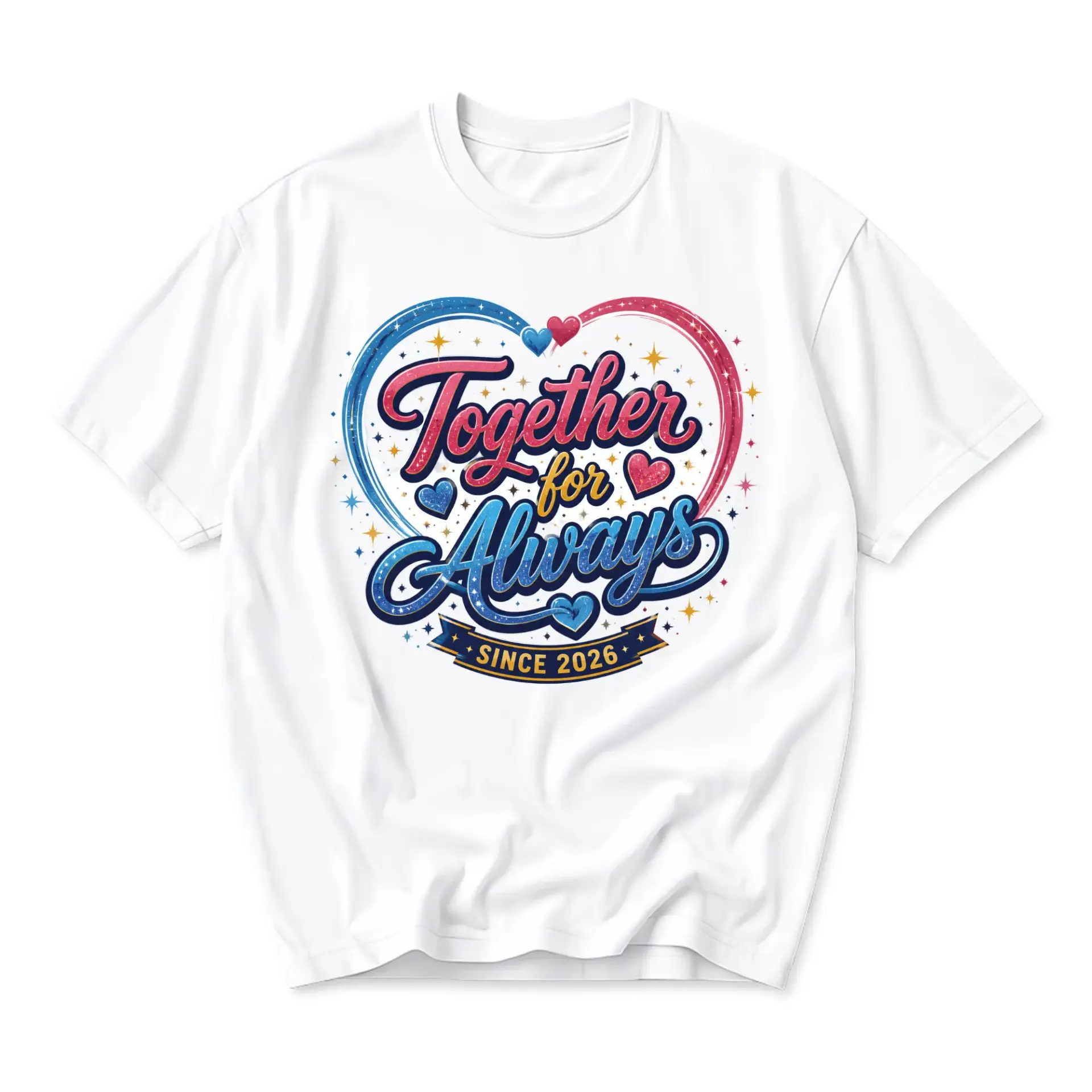 T-shirt Together for Always Since 2026 Graphic Tee Romantic Heart Design Unisex Casual Everyday Apparel White