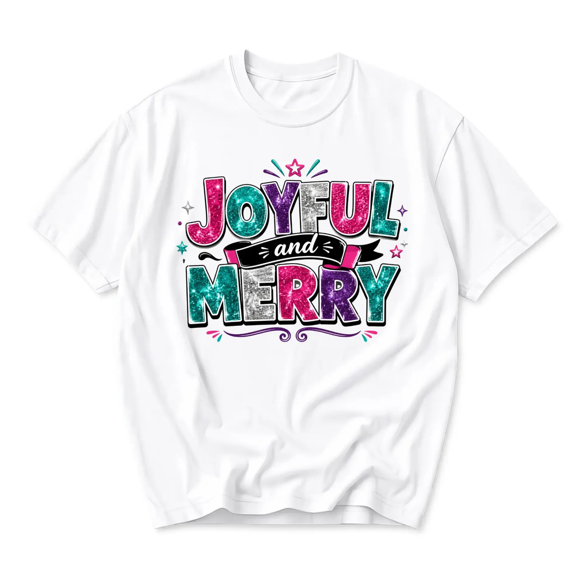 Graphic Tee Joyful and Merry Holiday Season Shirt Festive Glitter Effect