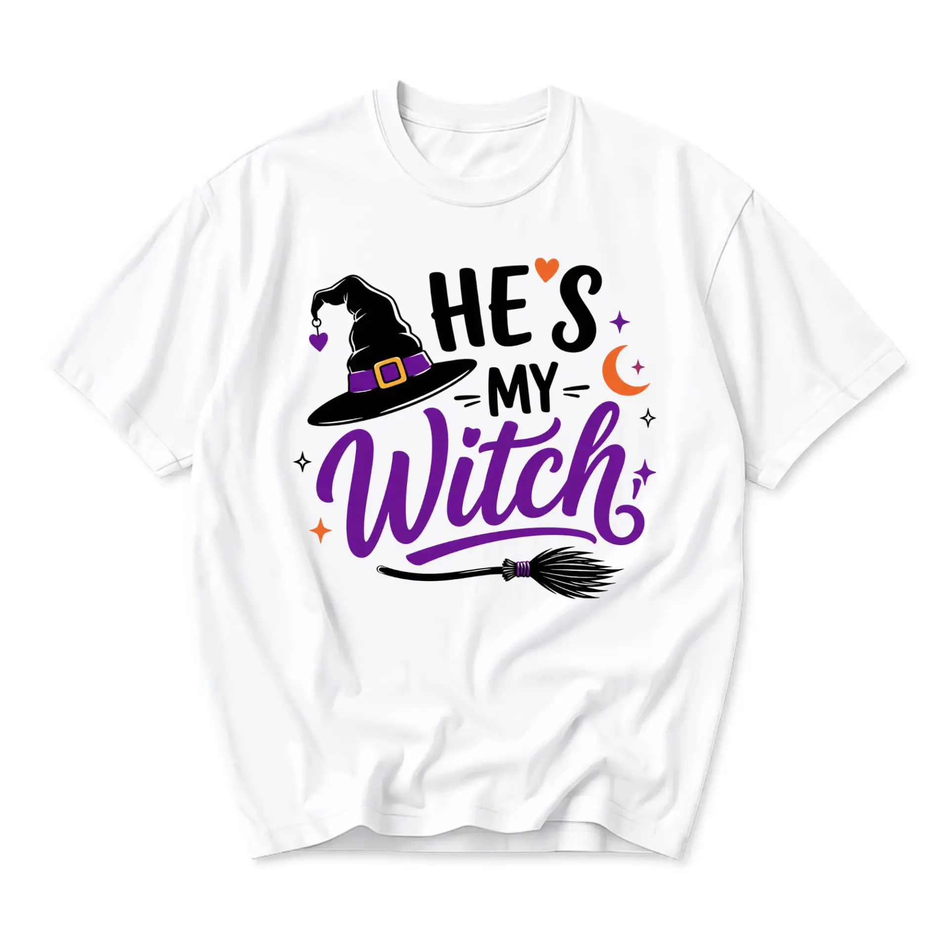 Funny Shirt He Is My Witch Graphic Tee Unisex Crew Neck Casual Cotton Blend Short Sleeve Halloween Holiday Apparel