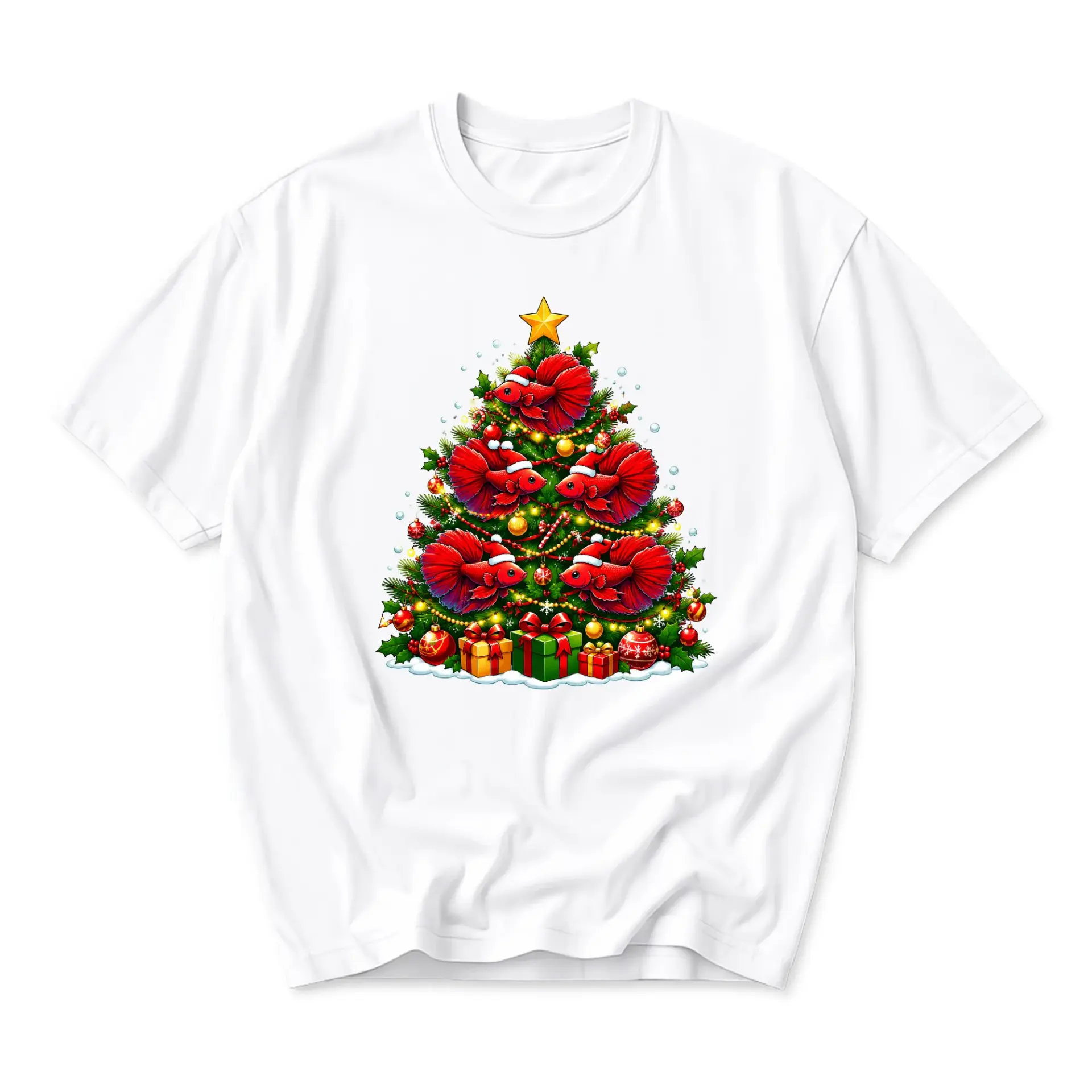 Graphic Tee Unisex Christmas Tree Decorated with Red Betta Fish Holiday