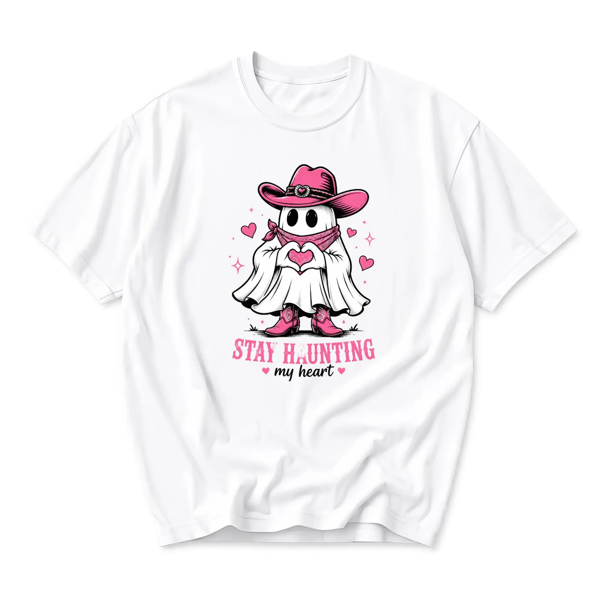 Graphic Tee Stay Haunting My Heart Western Ghost Cowboy Hat Boots Pink Aesthetic Unisex Short Sleeve Cotton Shirt