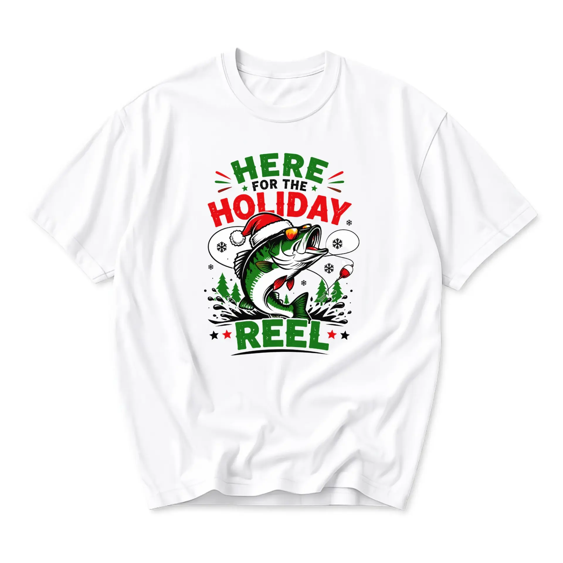 Funny Shirt Here for the Holiday Reel Fishing Graphic Tee Unisex Casual Crew Neck T-Shirt for Seasonal Outfits