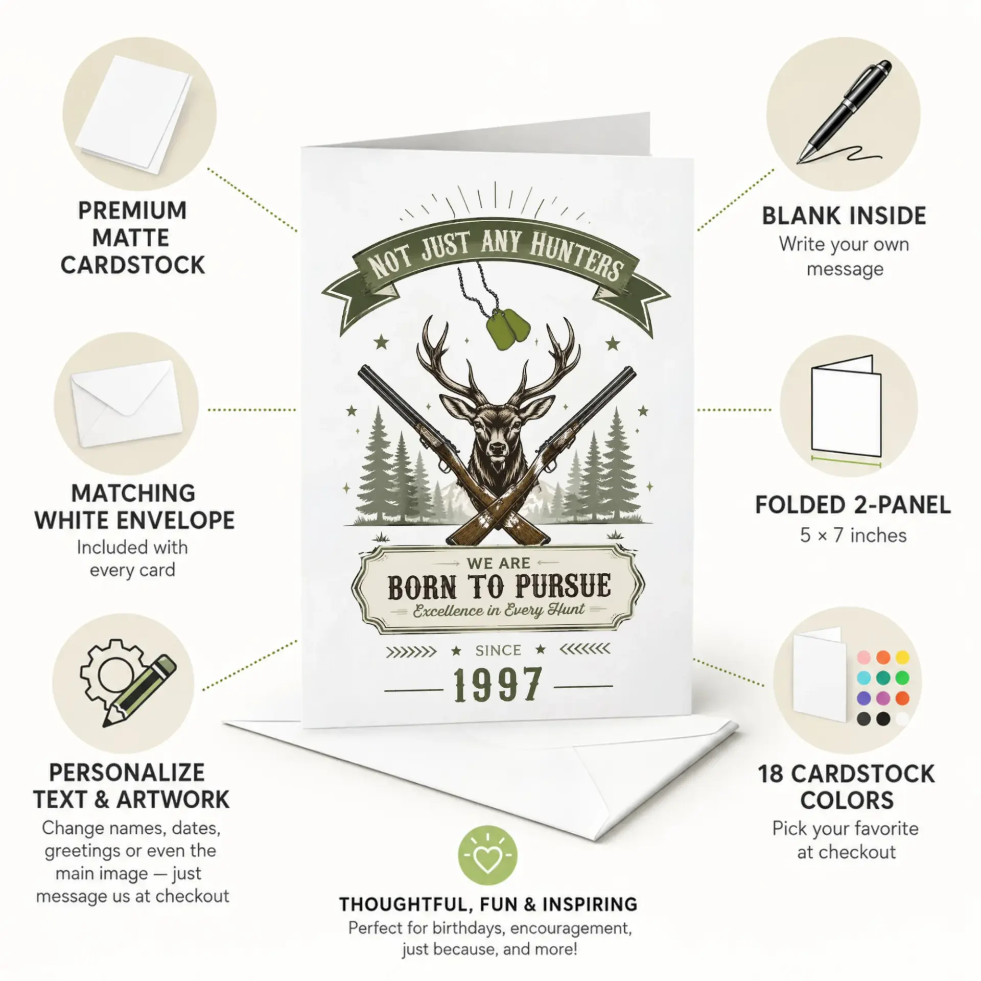 Greeting Card Born to Pursue Excellence Hunter Deer Graphic Professional Heavyweight Stationery with Matching Envelope