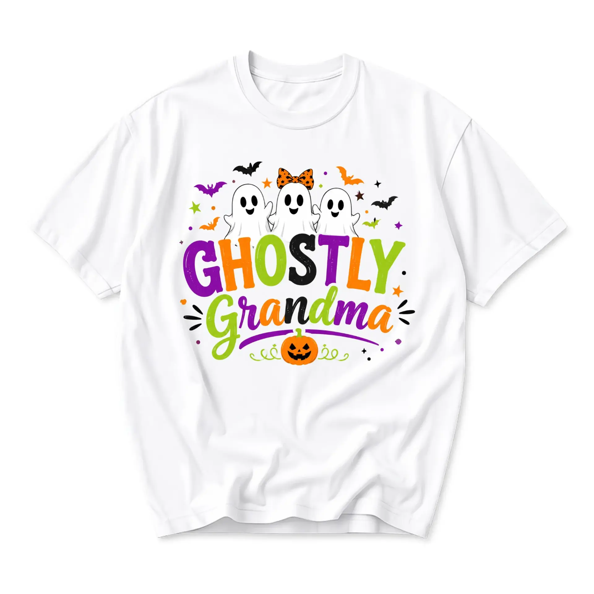 Graphic Tee Ghostly Grandma Halloween Shirt Cute Cartoon Ghosts Pumpkin Fall Holiday Unisex Crew Neck Casual Cotton Top