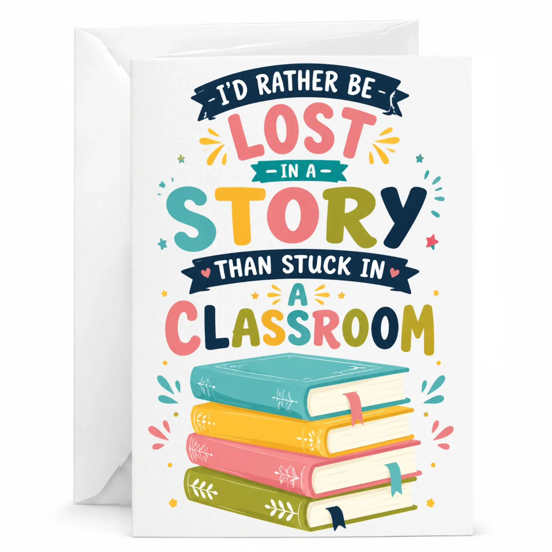 Funny Greeting Card for Book Lovers Featuring Colorful Stacked Books Illustration with Retro Typography Style