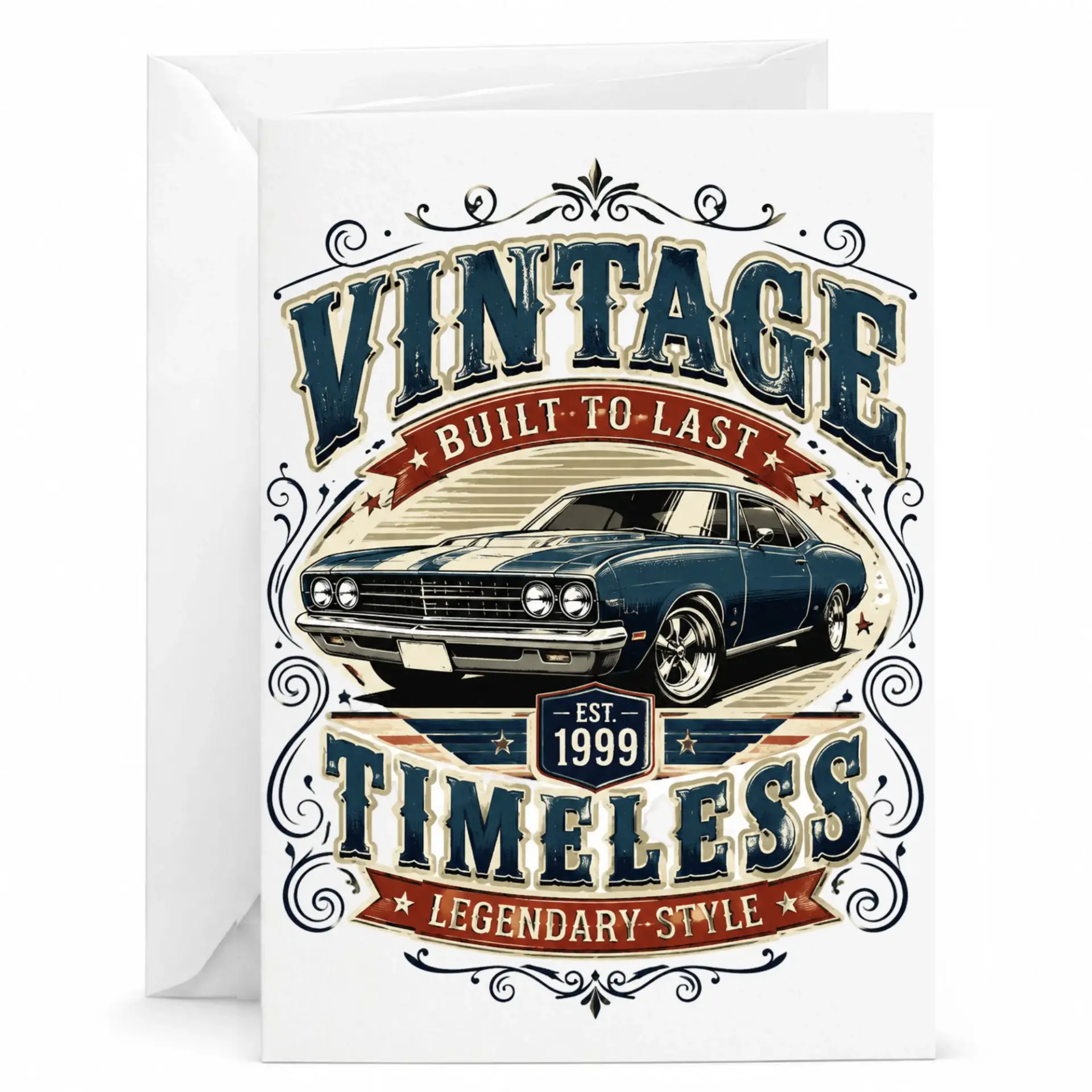 Vintage Car Greeting Card Birthday 1999 Built to Last Legendary Style Retro Muscle Automobile Stationary with Envelope
