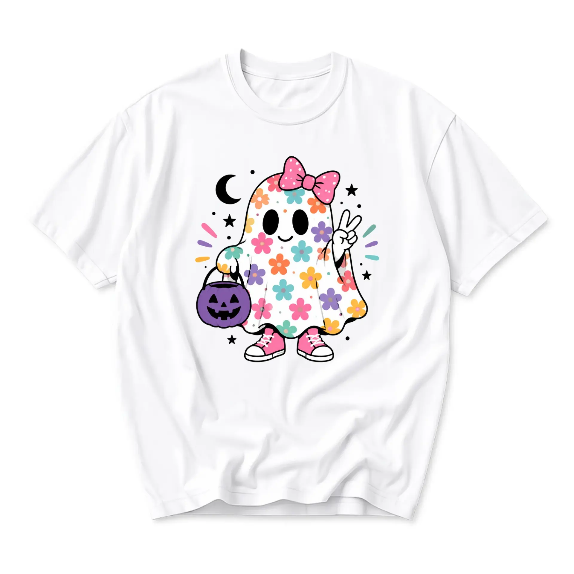 Graphic Tee Unisex Floral Ghost Print Short Sleeve Shirt Casual Crew Neck Cotton Blend Apparel for Everyday Wear