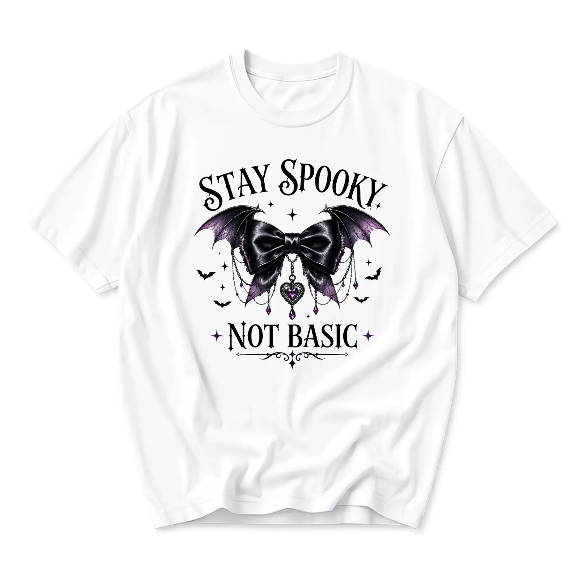 Graphic Tee Stay Spooky Not Basic Shirt Gothic Bat Bow Print Apparel Unisex Cotton Crew Neck Casual Tops for Adults
