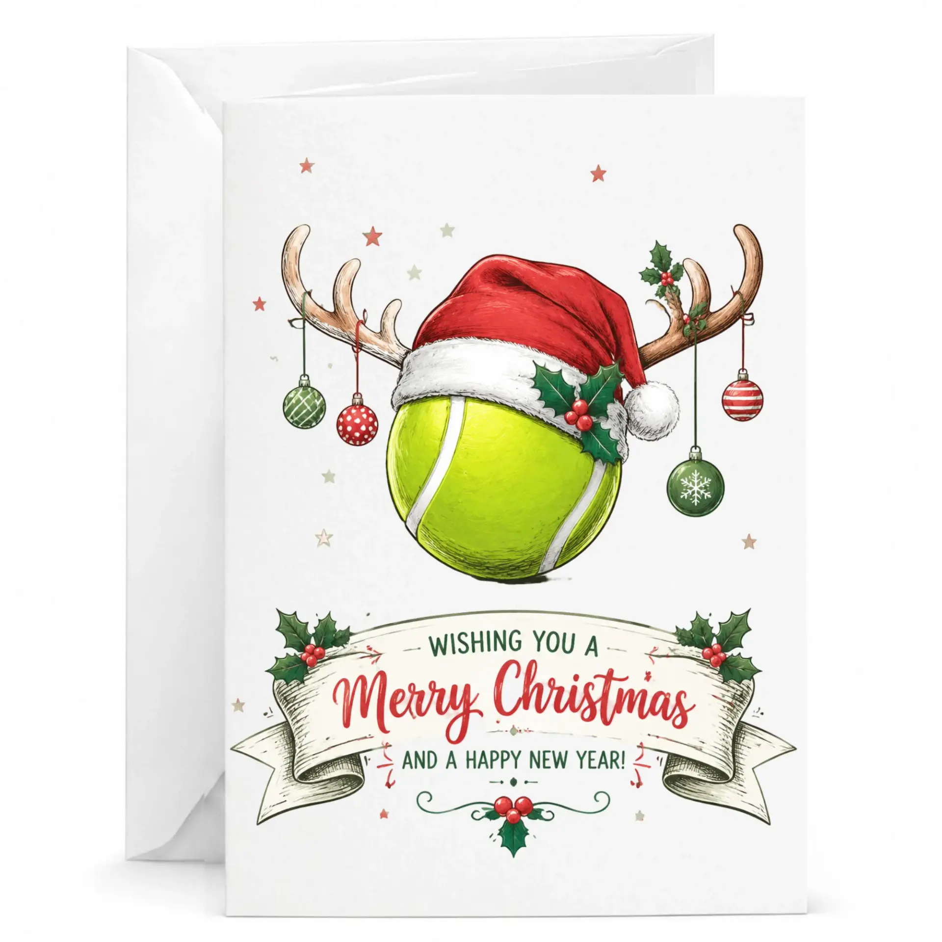 Greeting Card Tennis Ball Santa Hat Christmas Ornament Design Holiday Festive Season Greeting Stationery for Friends