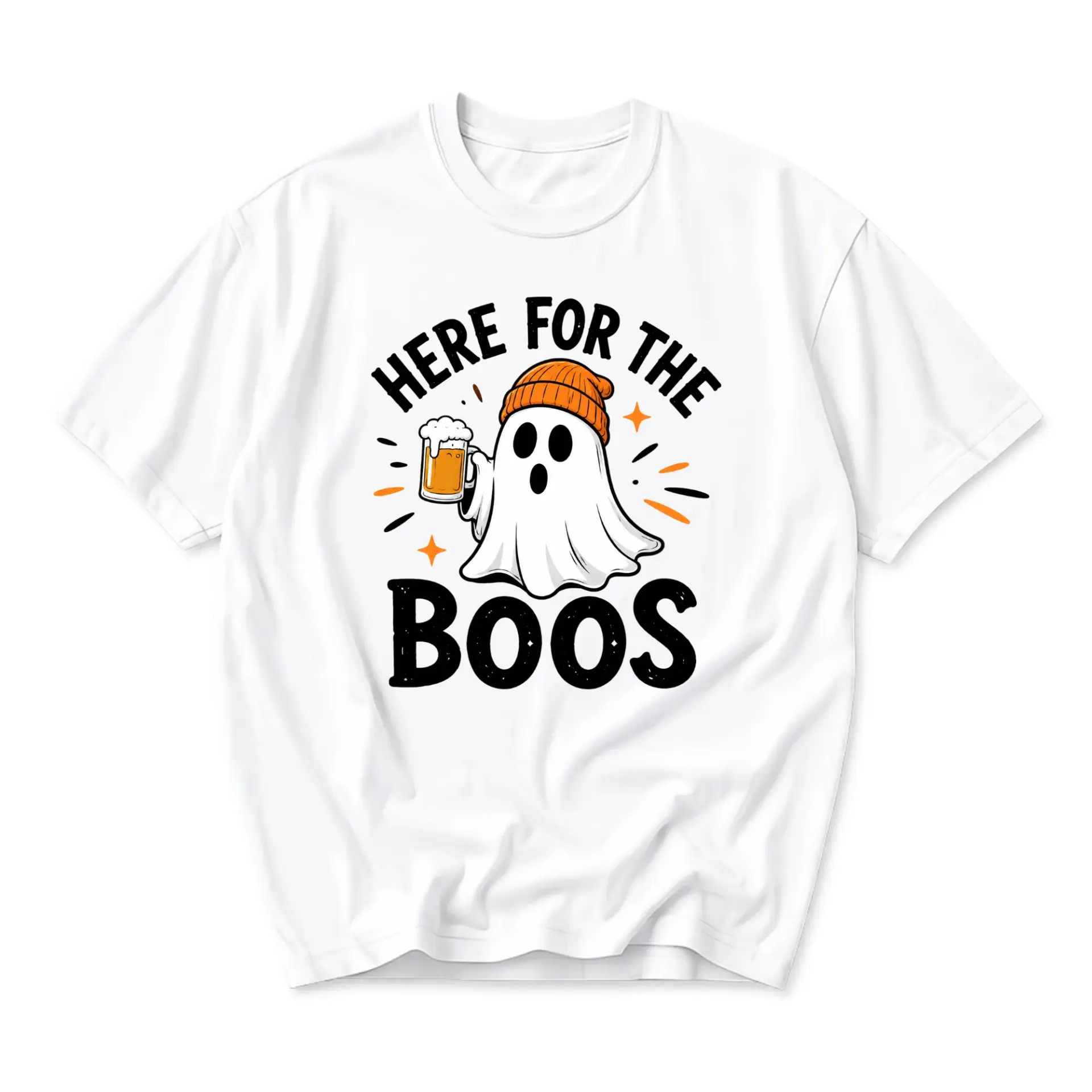 Funny Shirt Here for the Boos Ghost Graphic Tee Unisex Crew Neck Casual Cotton Blend Apparel for Autumn Parties