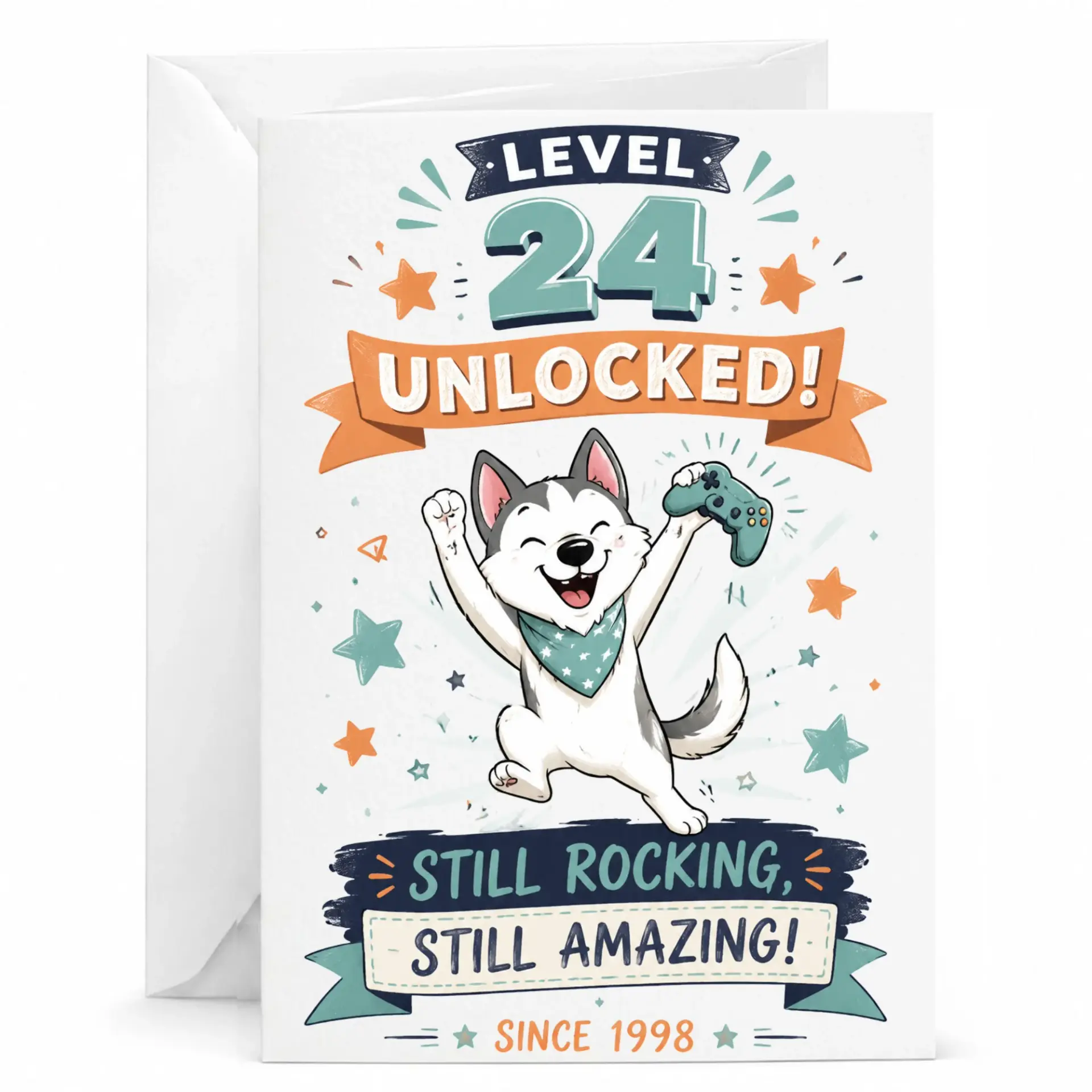 Birthday Card Level 24 Unlocked Funny Gaming Theme Cute Husky Dog Illustration Twenty Fourth Birthday Greeting Card