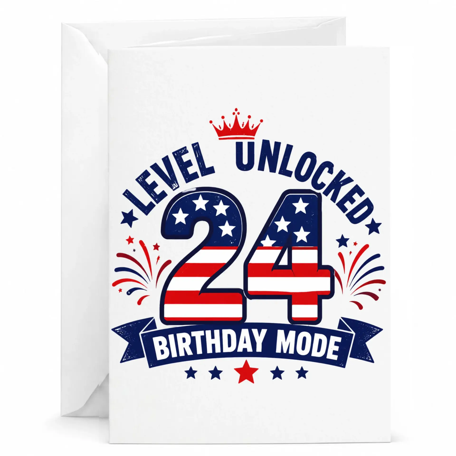 Funny Birthday Card Level Unlocked 24 Red White and Blue Patriotic Themed Greeting Card for Twenty Fourth Birthday Party