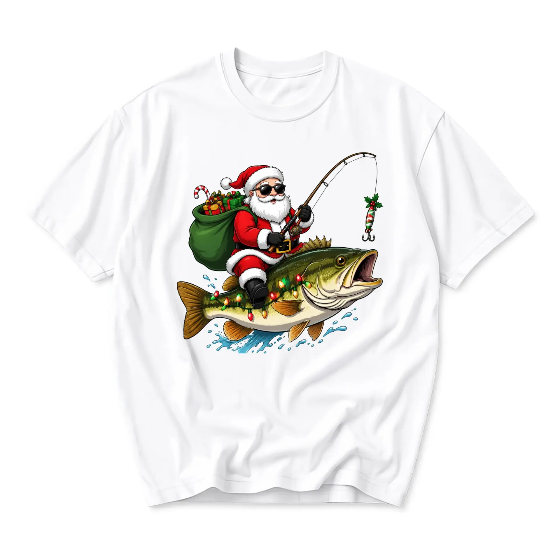 Funny Shirt Fishing Santa Graphic Tee Holiday Fisherman Gift Unisex Cotton Crew Neck Casual Summer Short Sleeve Top