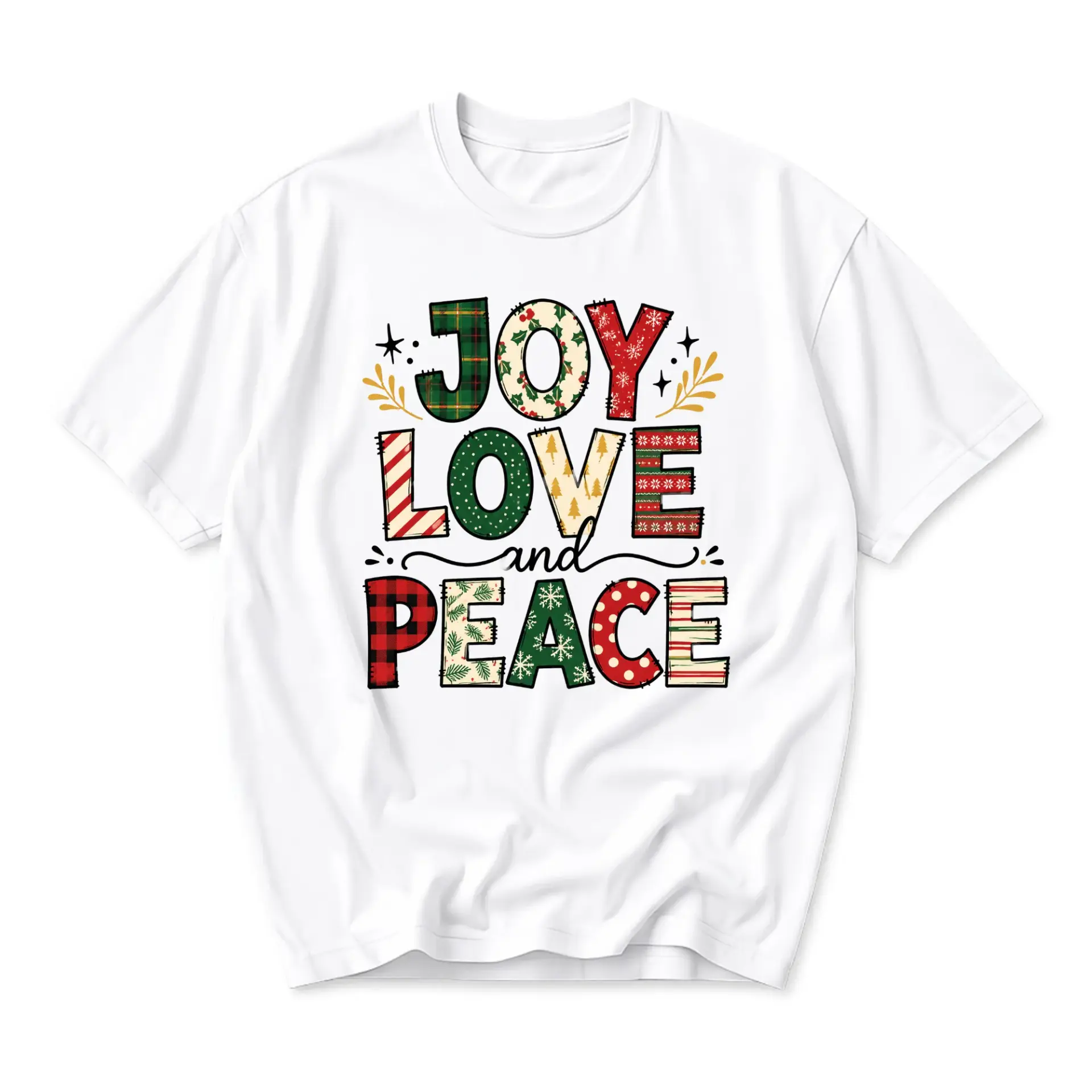 Graphic Tee Joy Love and Peace Holiday Season Shirt Unisex Casual Short Sleeve Crew Neck Cotton Blend Top