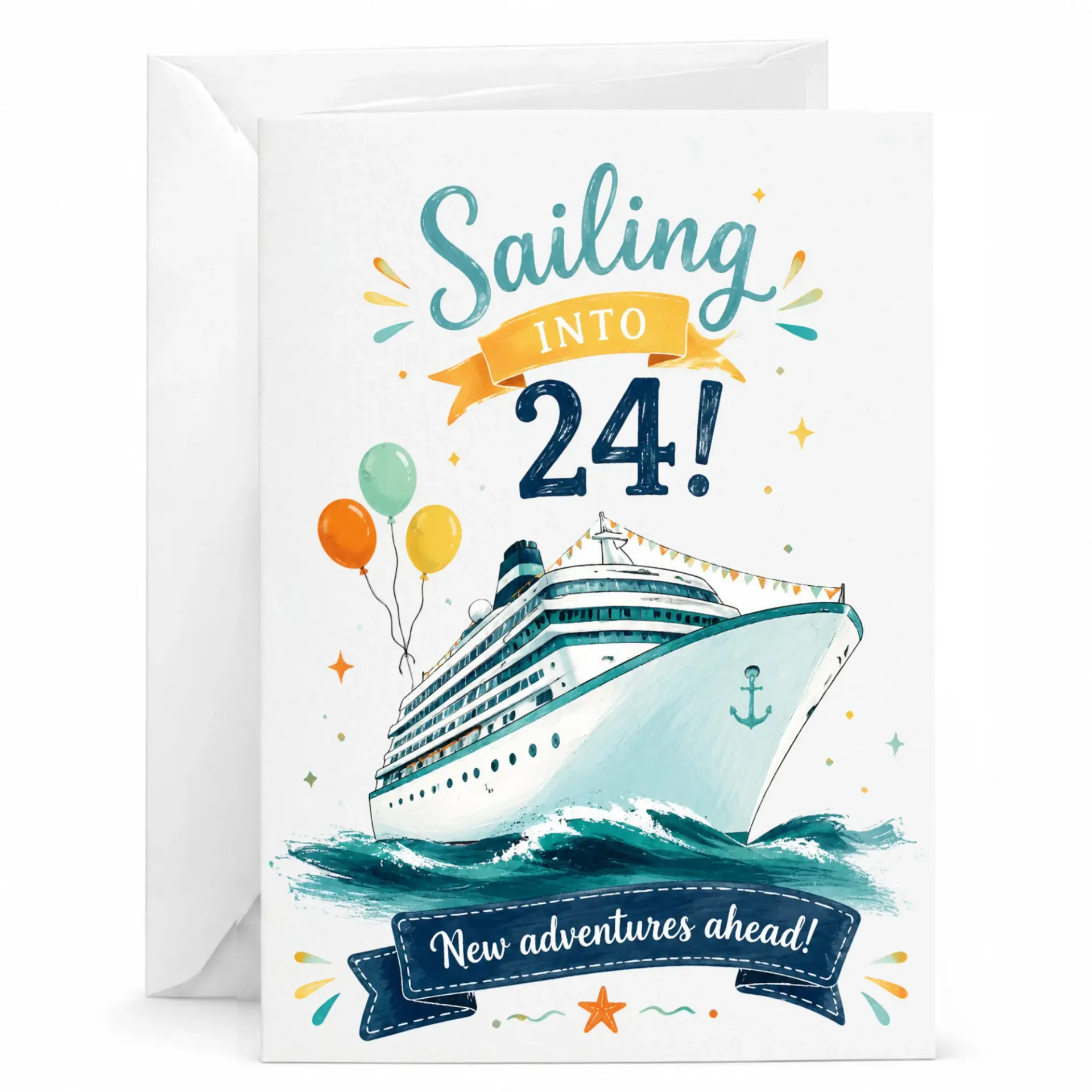 Birthday Card Sailing into 24 Nautical Cruise Ship Design Greeting Card for Twenty Fourth Birthday Celebration