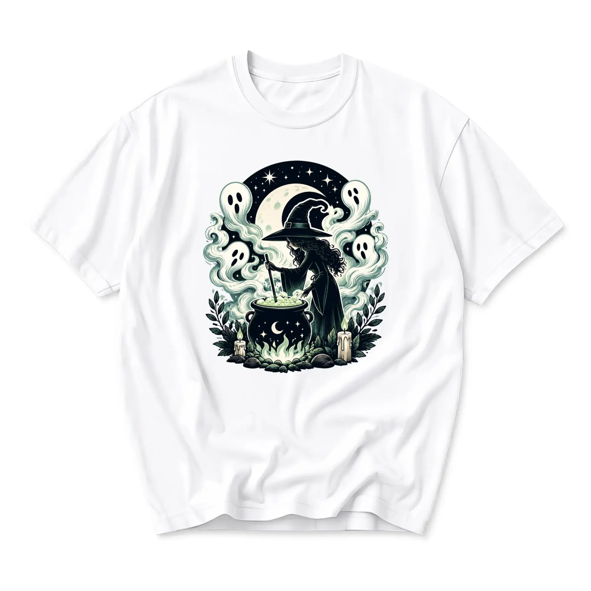 Graphic Tee Witch Brewing Potions Illustration Unisex Crew Neck Soft Cotton Casual Everyday Statement Shirt