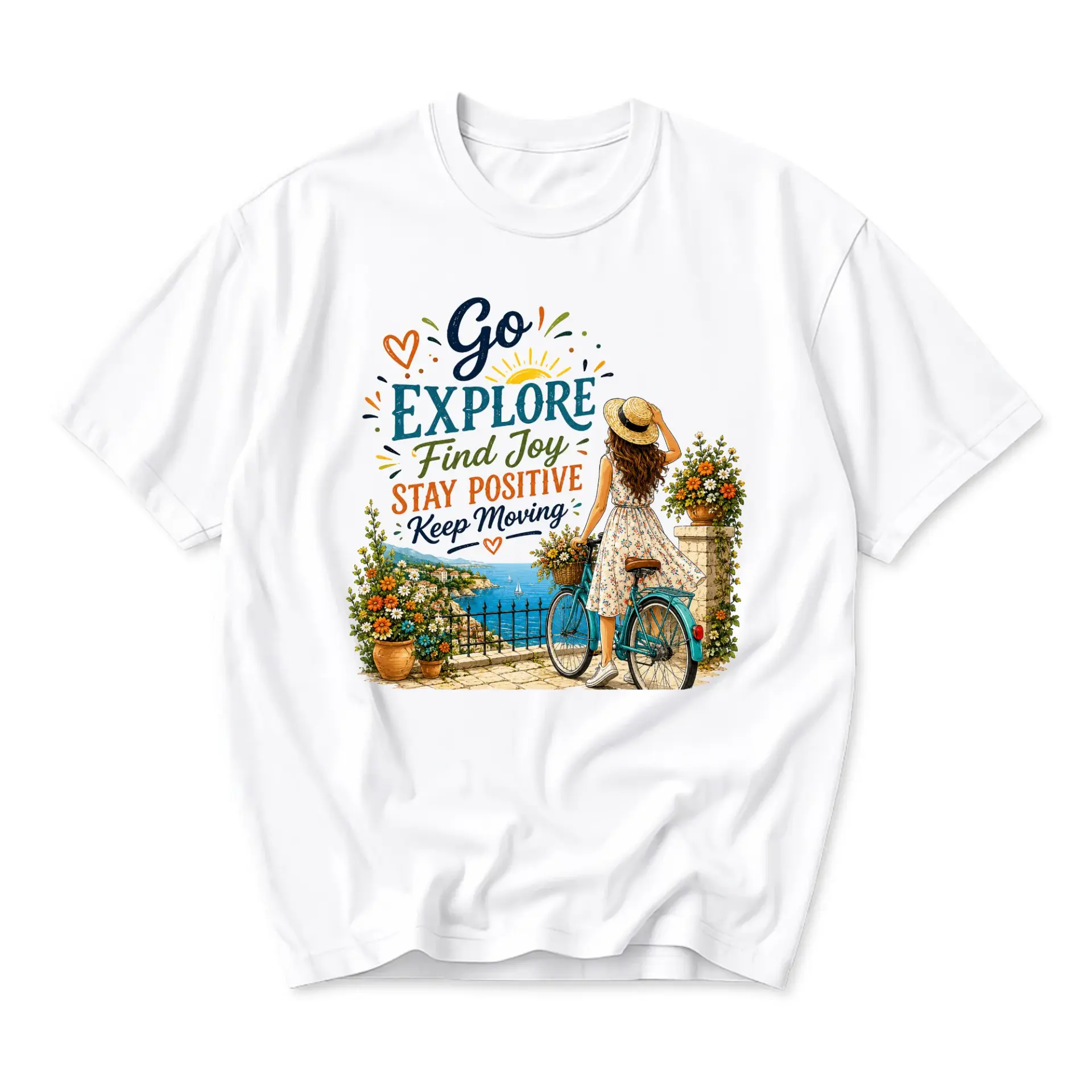 Graphic Tee Unisex Crew Neck T-Shirt Go Explore Find Joy Stay Positive Keep Moving Motivational Bicycle Illustration