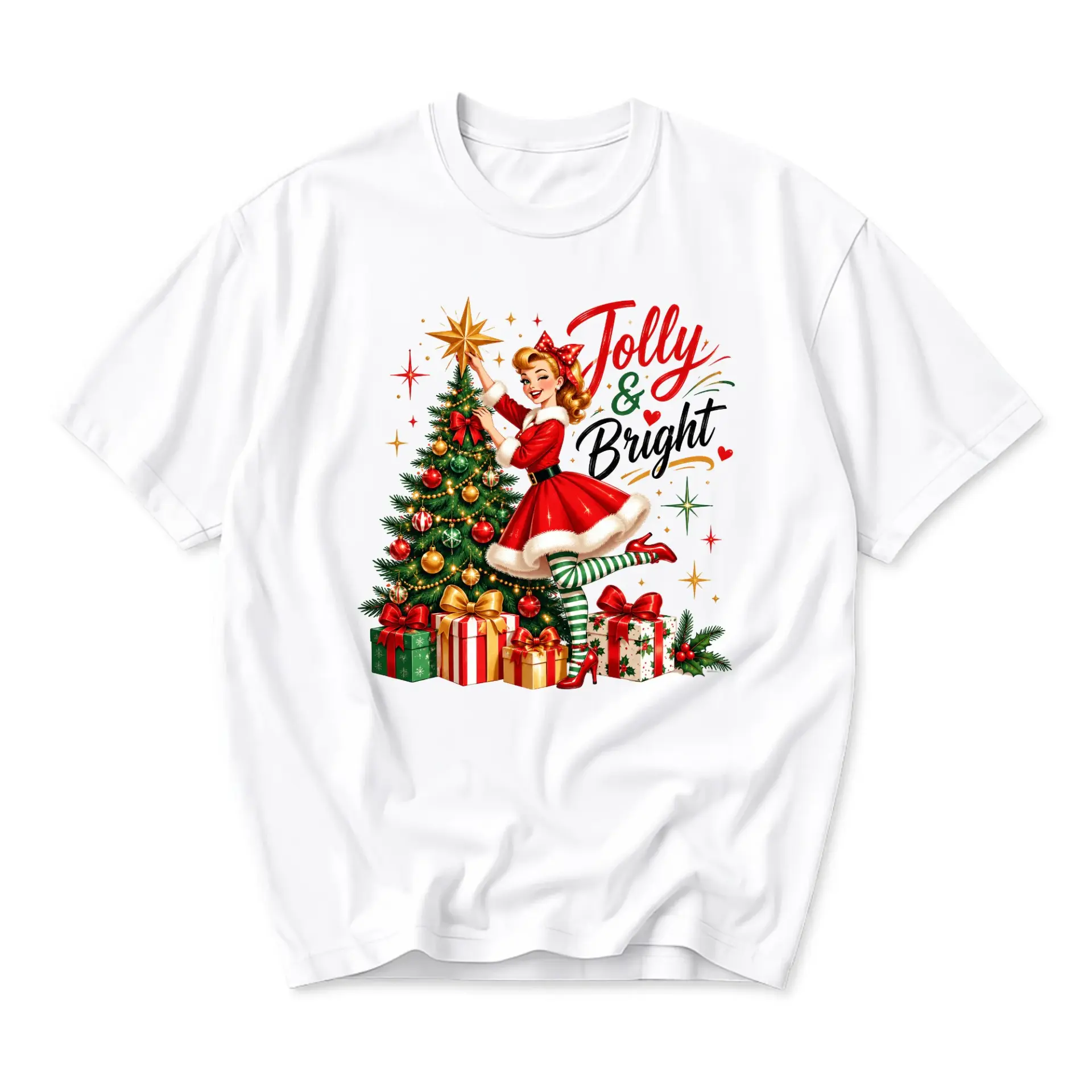 Graphic Tee Jolly and Bright Christmas Pin up Girl Holiday Season Casual Unisex Crew Neck Soft Cotton Blend T-Shirt